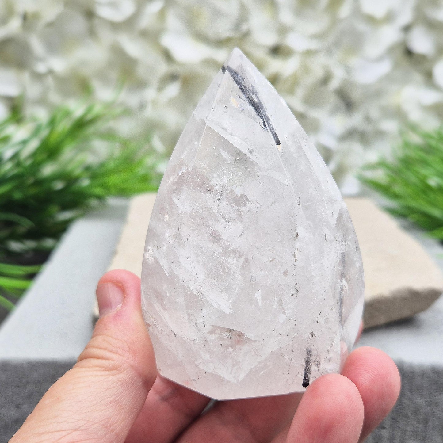 Tourmalinated Quartz Crystal Flame ideal for anchoring your intentions and protecting your space while enhancing spiritual clarity. Display in your home.