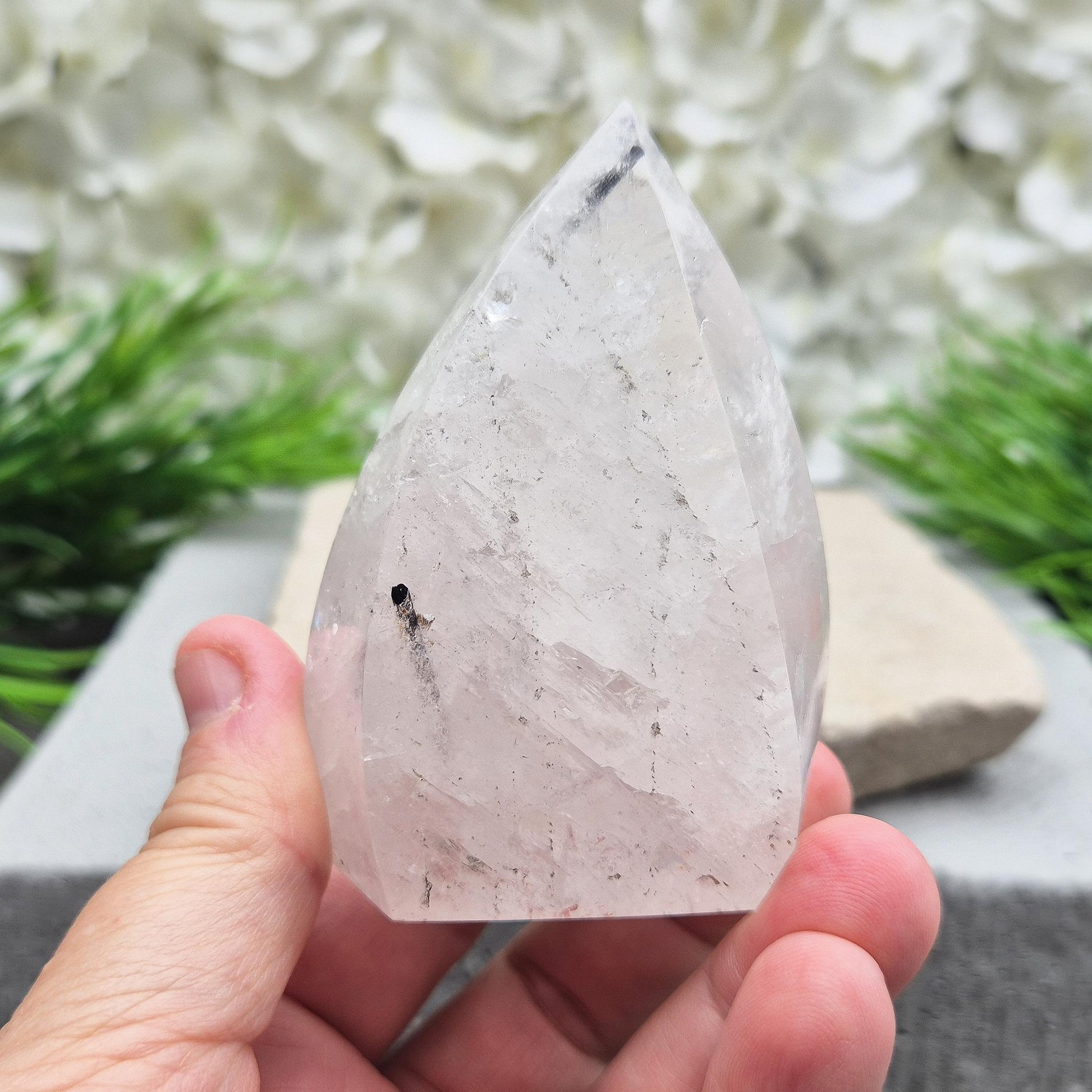Tourmalinated Quartz Crystal Flame ideal for anchoring your intentions and protecting your space while enhancing spiritual clarity. Display in your home.