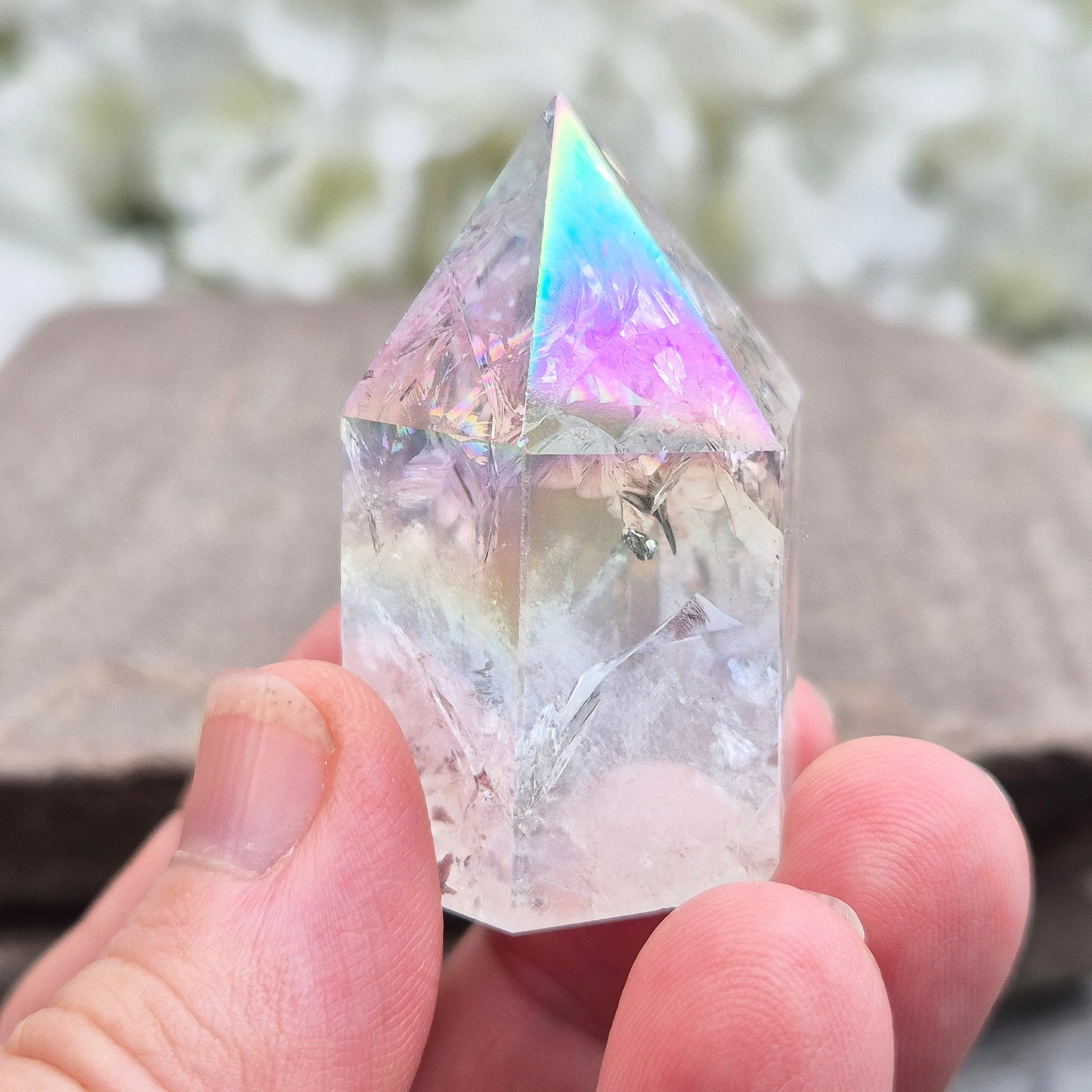Aura Fire and Ice Quartz ‘Unicorn Horn’ Standing Point, High Vibration Angelic Energy Crystal