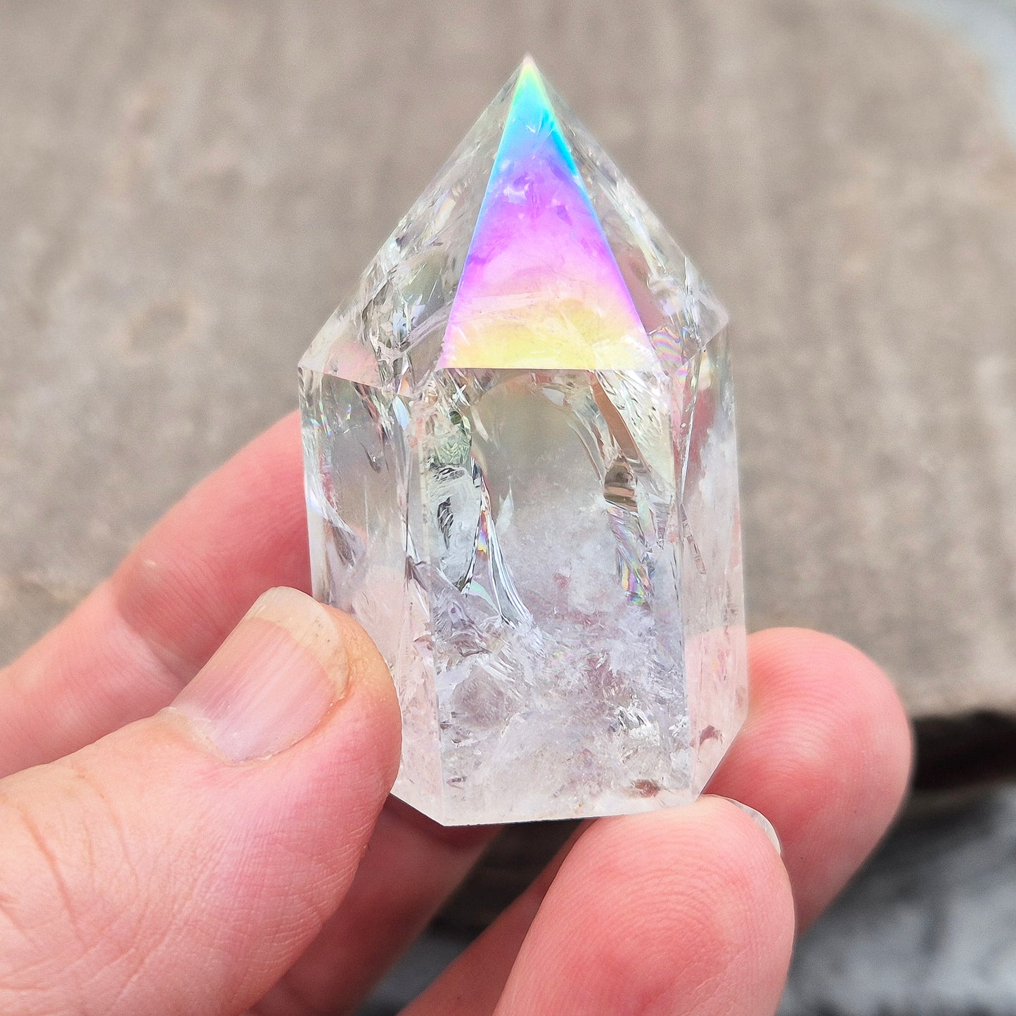 Aura Fire and Ice Quartz ‘Unicorn Horn’ Standing Point, High Vibration Angelic Energy Crystal