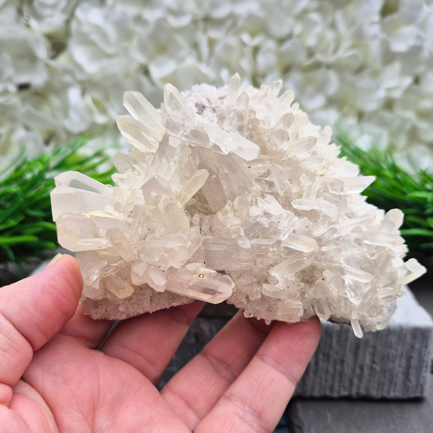 Clear Quartz Cluster – a master healer that amplifies energy, restores balance, and enhances focus, clarity, and spiritual growth.