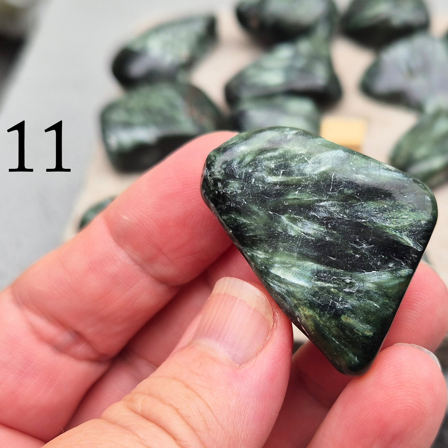 Seraphinite crystal for grounding, heart healing, and gentle spiritual growth. Handpicked pieces with rich green coloring for everyday energy work.