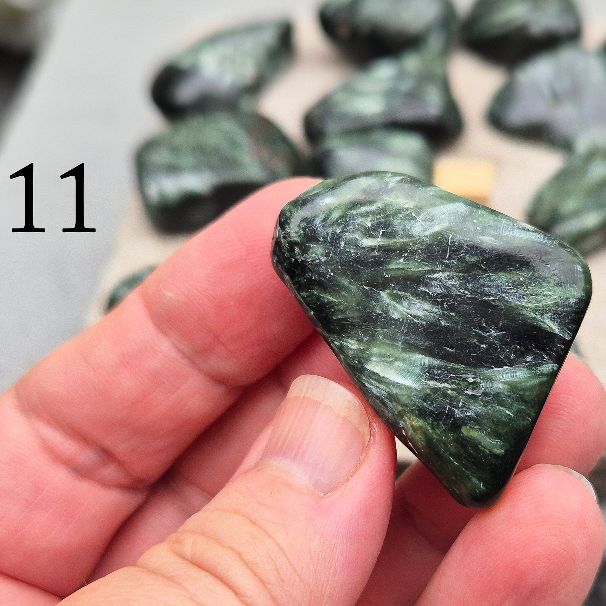 Seraphinite crystal for grounding, heart healing, and gentle spiritual growth. Handpicked pieces with rich green coloring for everyday energy work.