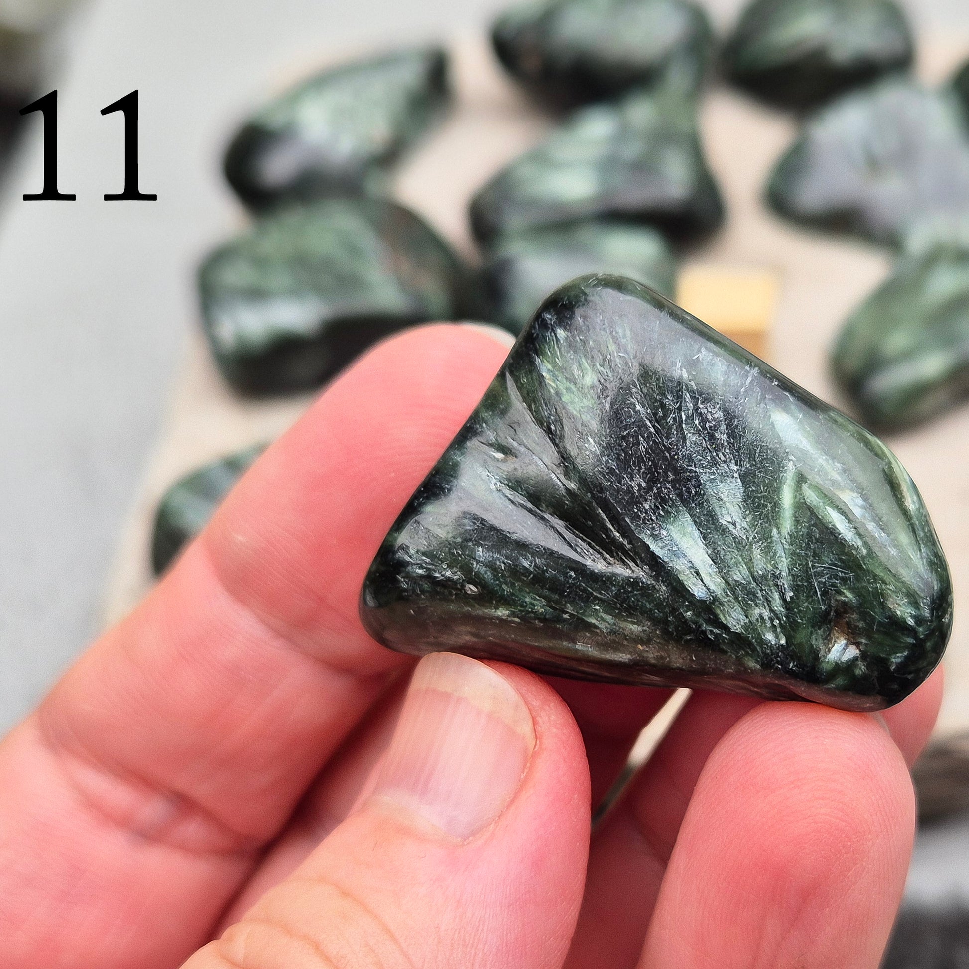 Seraphinite crystal for grounding, heart healing, and gentle spiritual growth. Handpicked pieces with rich green coloring for everyday energy work.