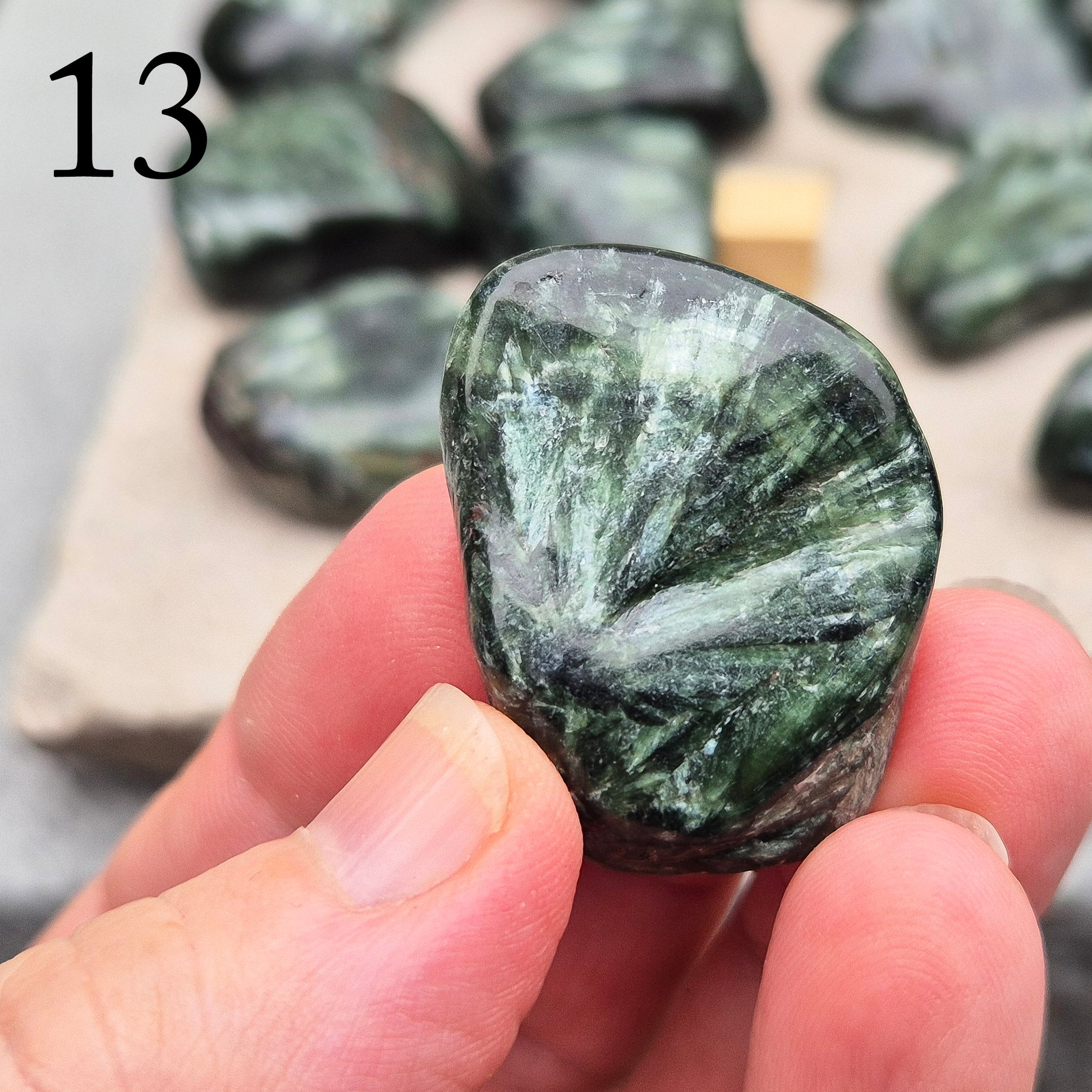 Seraphinite crystal for grounding, heart healing, and gentle spiritual growth. Handpicked pieces with rich green coloring for everyday energy work.
