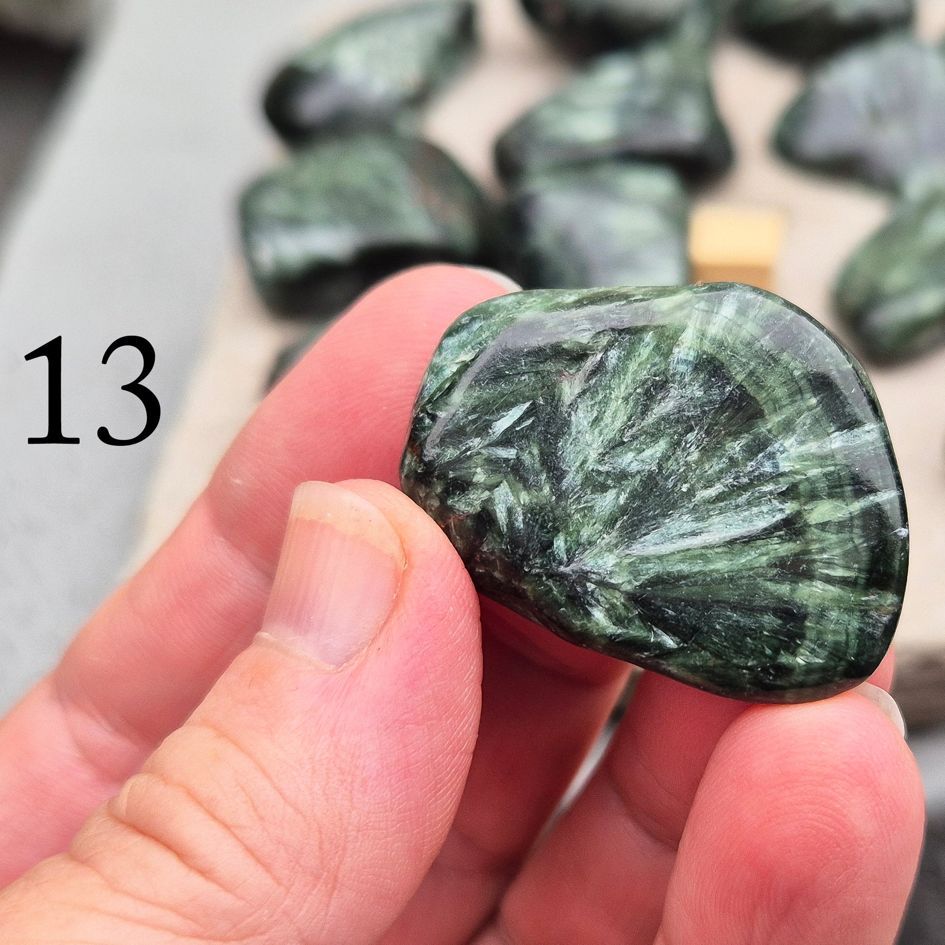 Seraphinite crystal for grounding, heart healing, and gentle spiritual growth. Handpicked pieces with rich green coloring for everyday energy work.