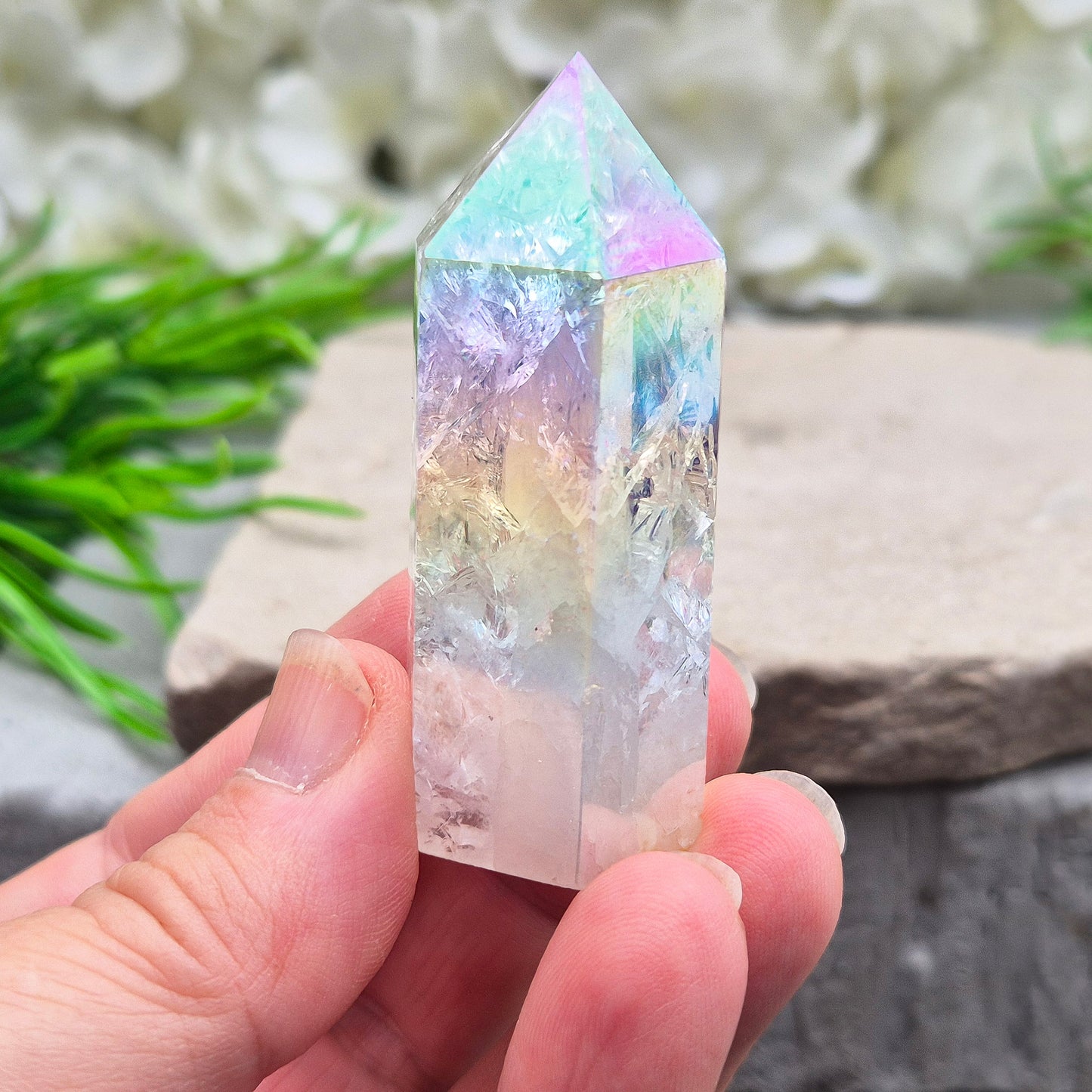 Aura Fire and Ice Quartz Standing Point, High Vibration Angelic Energy Crystal, Unicorn Horn
