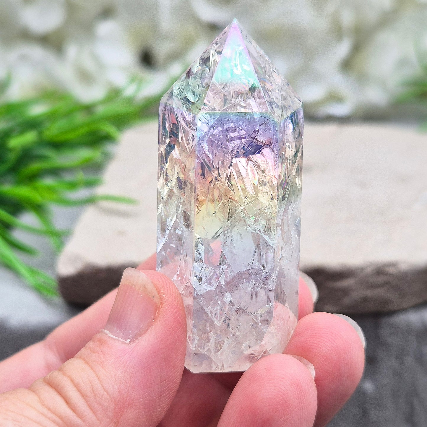 Aura Fire and Ice Quartz Standing Point, High Vibration Angelic Energy Crystal, Unicorn Horn