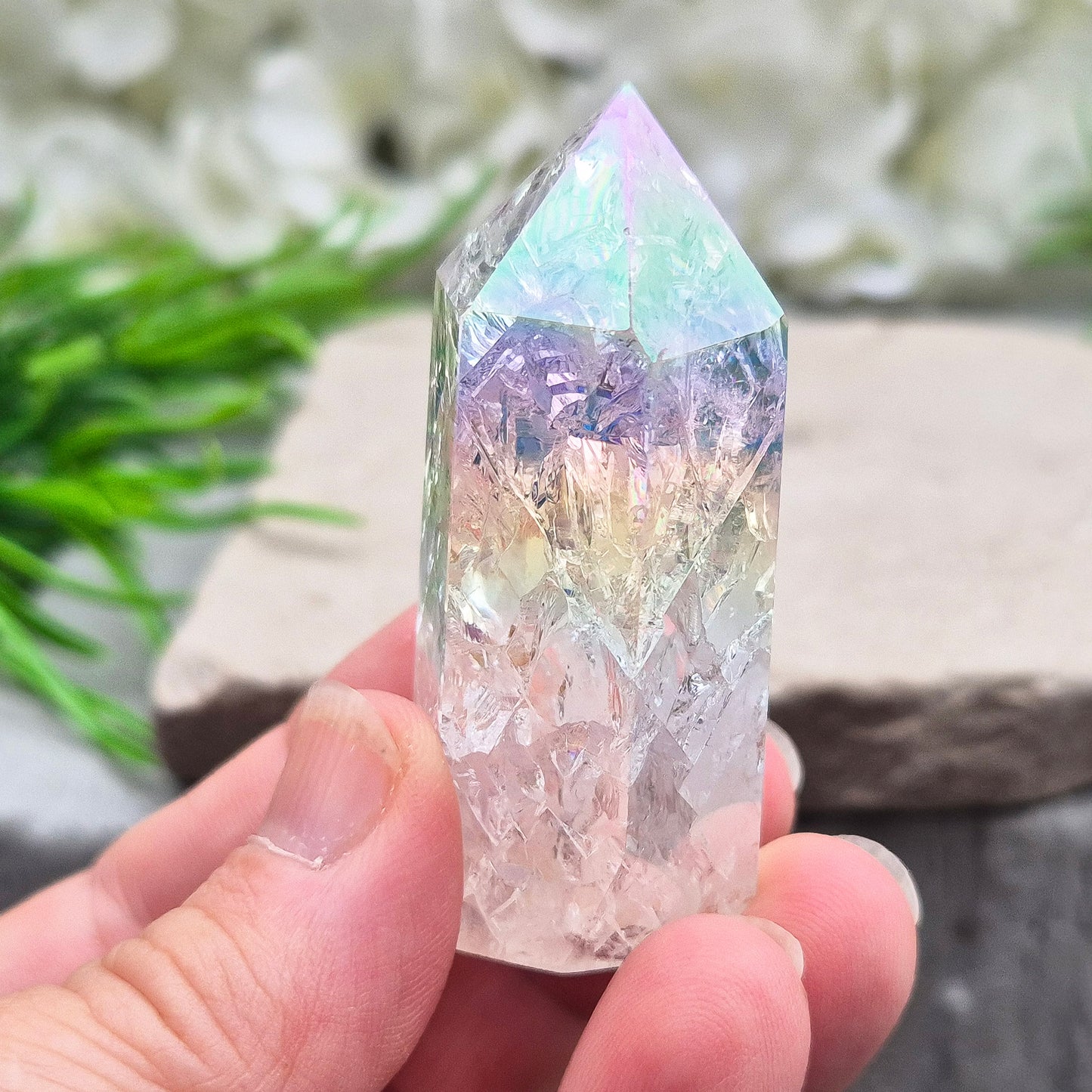 Aura Fire and Ice Quartz Standing Point, High Vibration Angelic Energy Crystal, Unicorn Horn