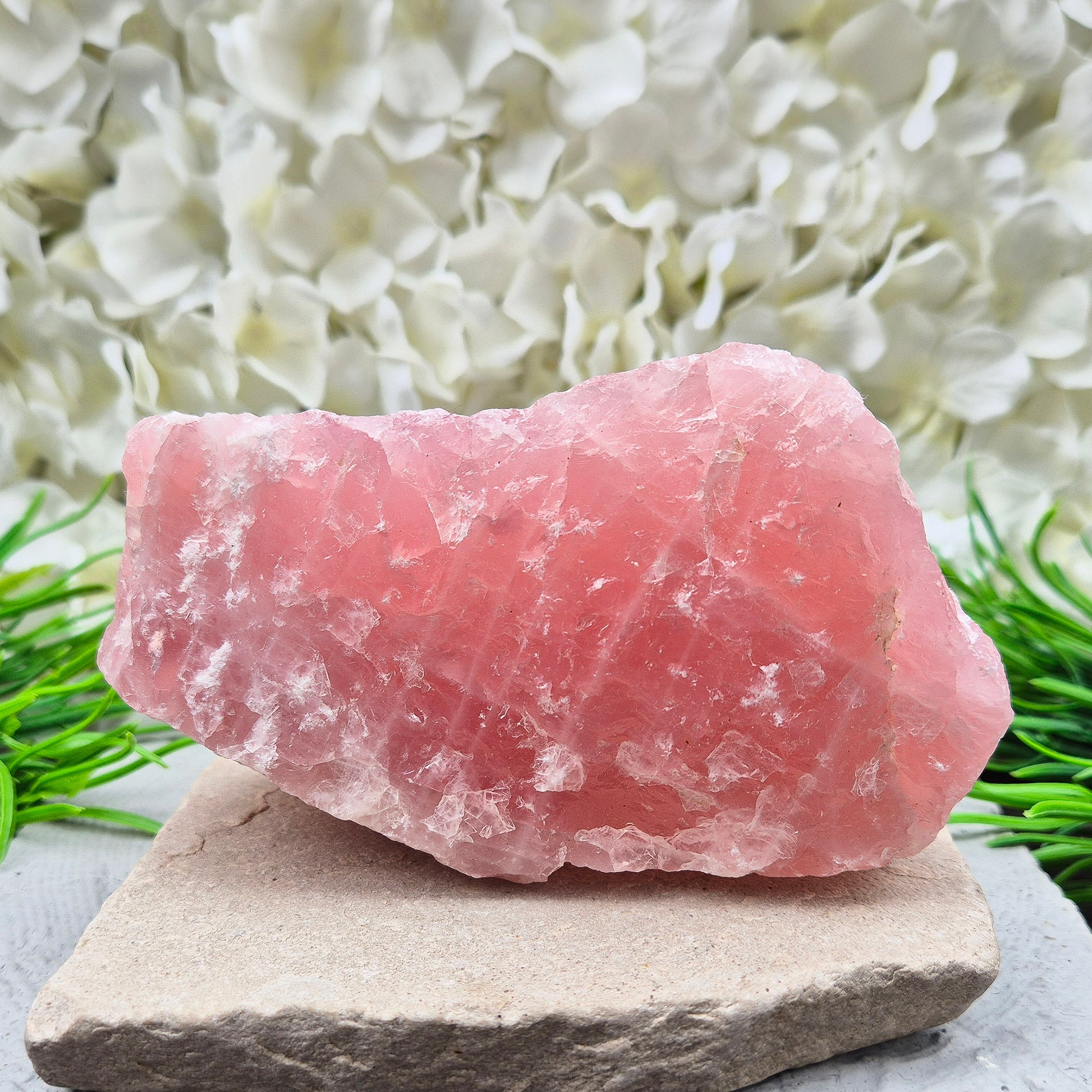 Natural Rose Quartz crystal to display in your home. Promotes calm, self-love, and emotional balance while bringing harmony to your space.