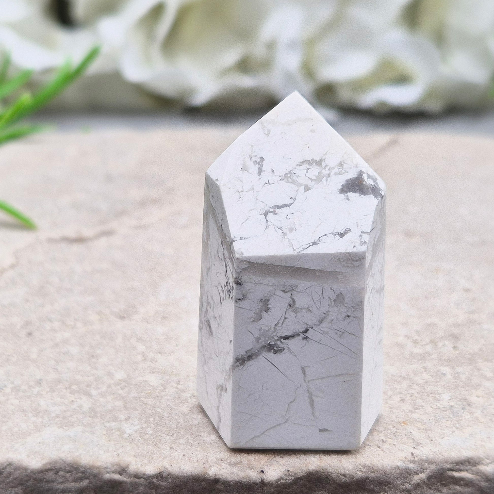 Howlite crystal promotes calm, patience, and peaceful sleep. A soothing stone for study, communication, and spiritual insight.