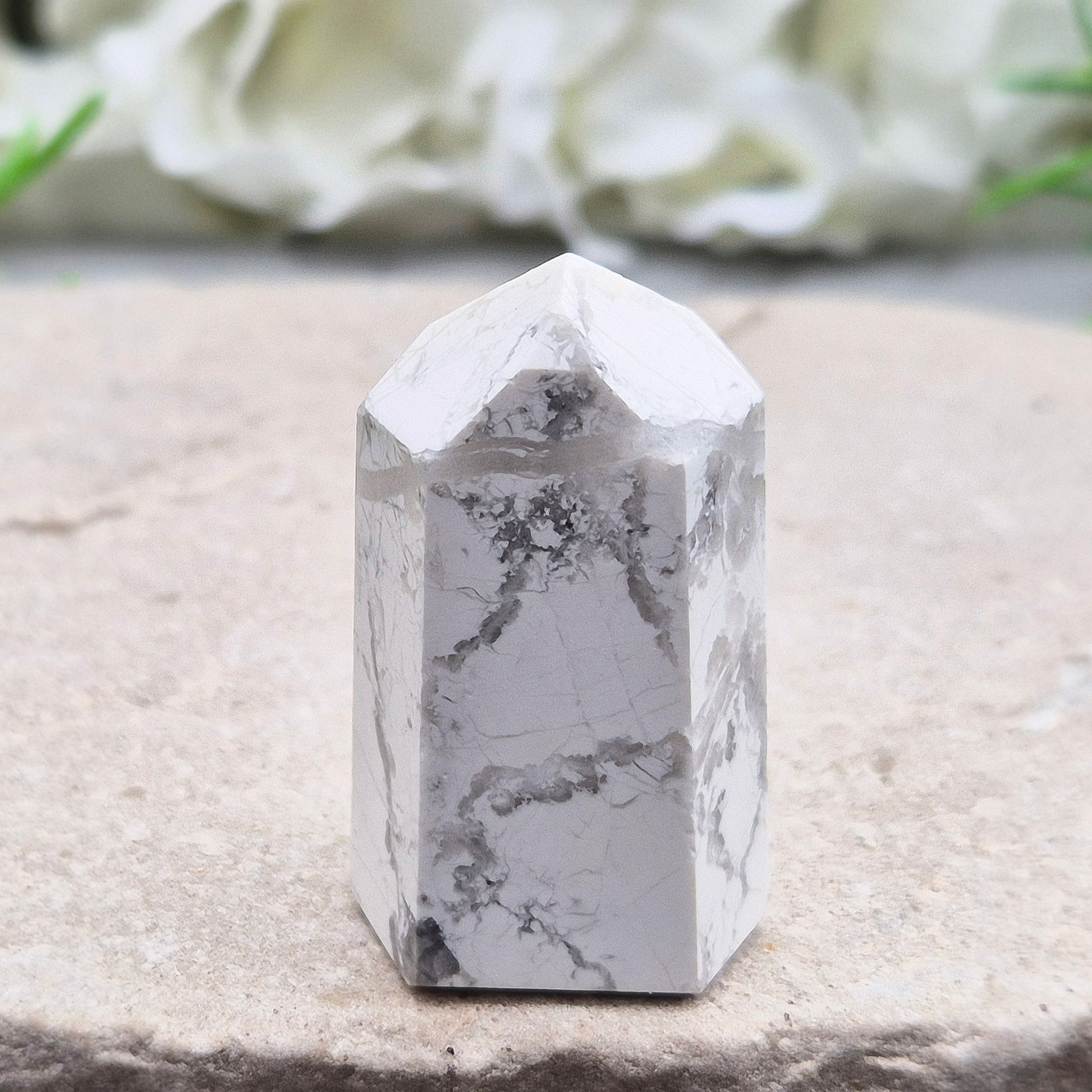 Howlite crystal promotes calm, patience, and peaceful sleep. A soothing stone for study, communication, and spiritual insight.