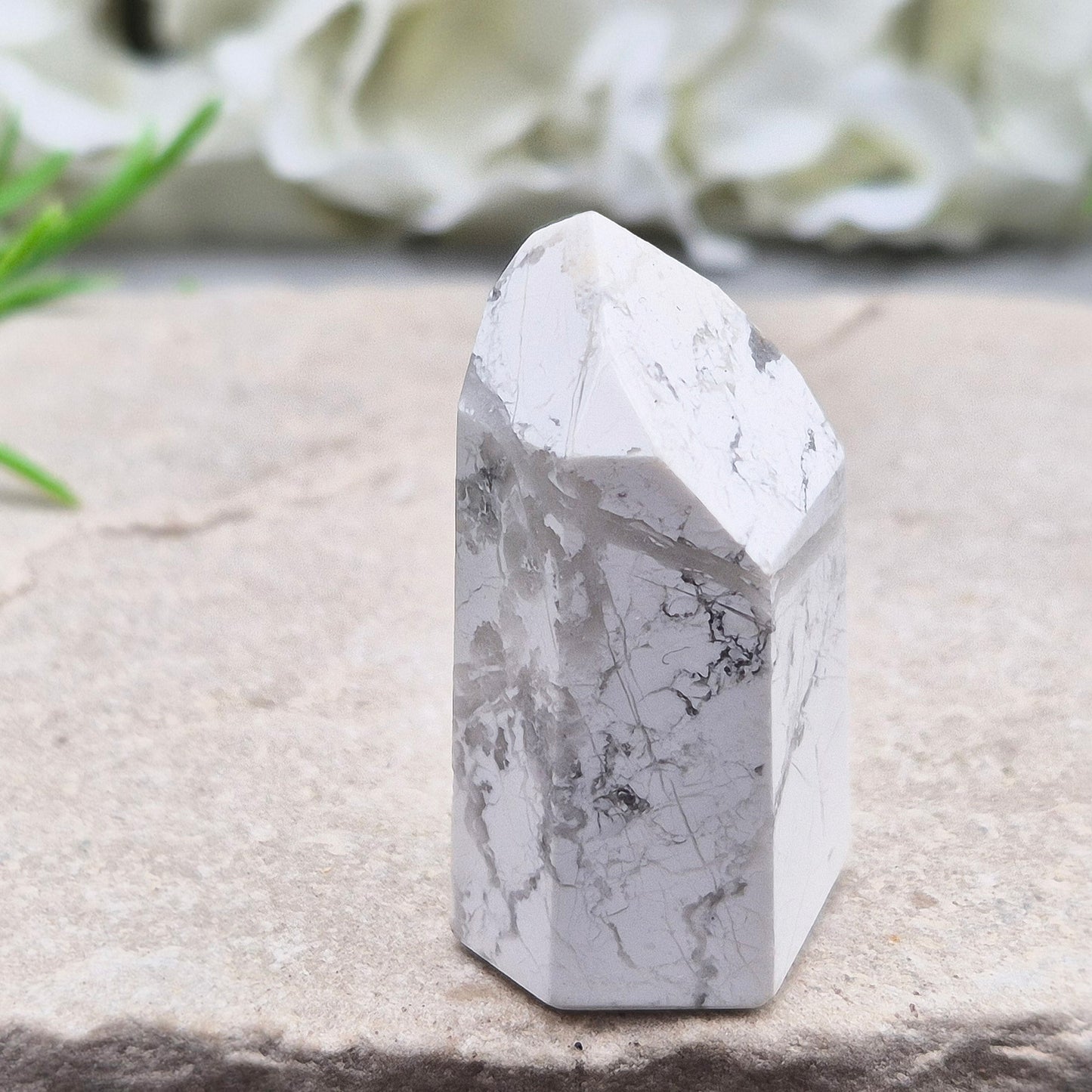 Howlite crystal promotes calm, patience, and peaceful sleep. A soothing stone for study, communication, and spiritual insight.