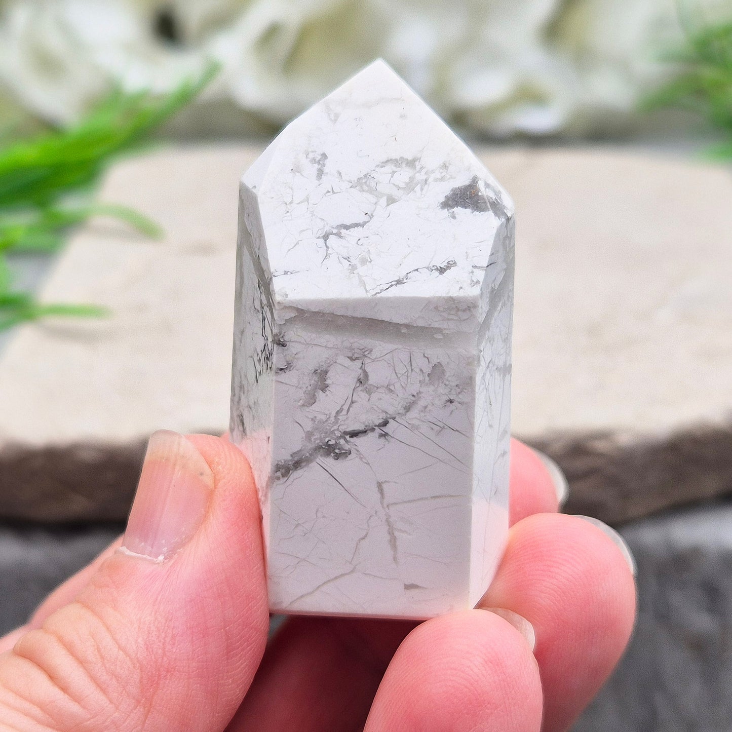 Howlite crystal promotes calm, patience, and peaceful sleep. A soothing stone for study, communication, and spiritual insight.