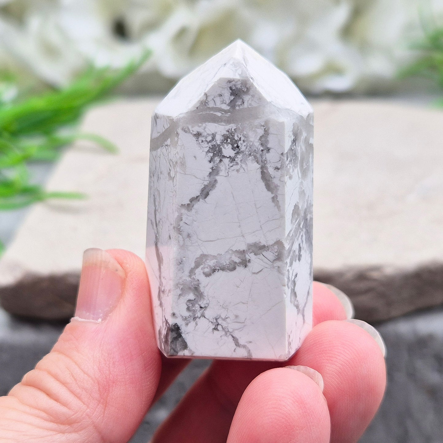 Howlite crystal promotes calm, patience, and peaceful sleep. A soothing stone for study, communication, and spiritual insight.