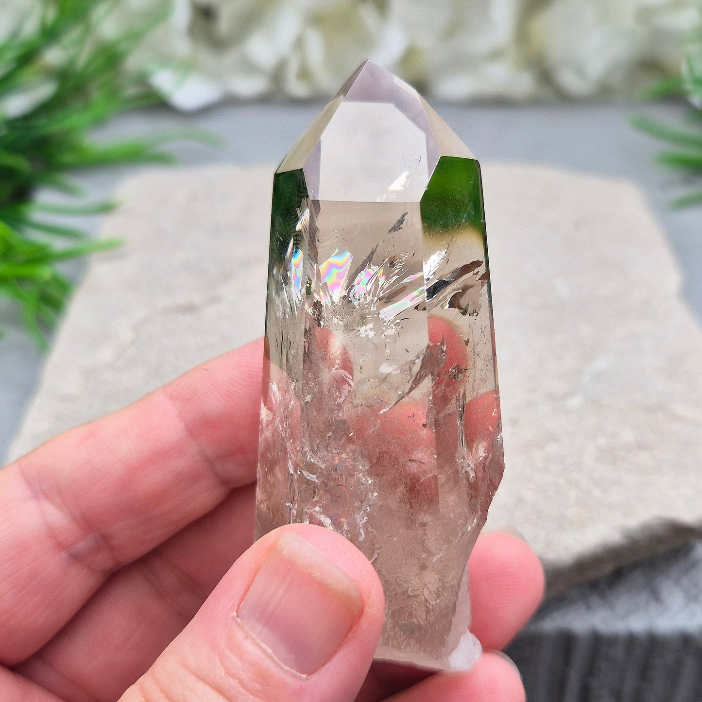 Smoky Quartz Crystal Point with Rainbow Inclusions, High Grade