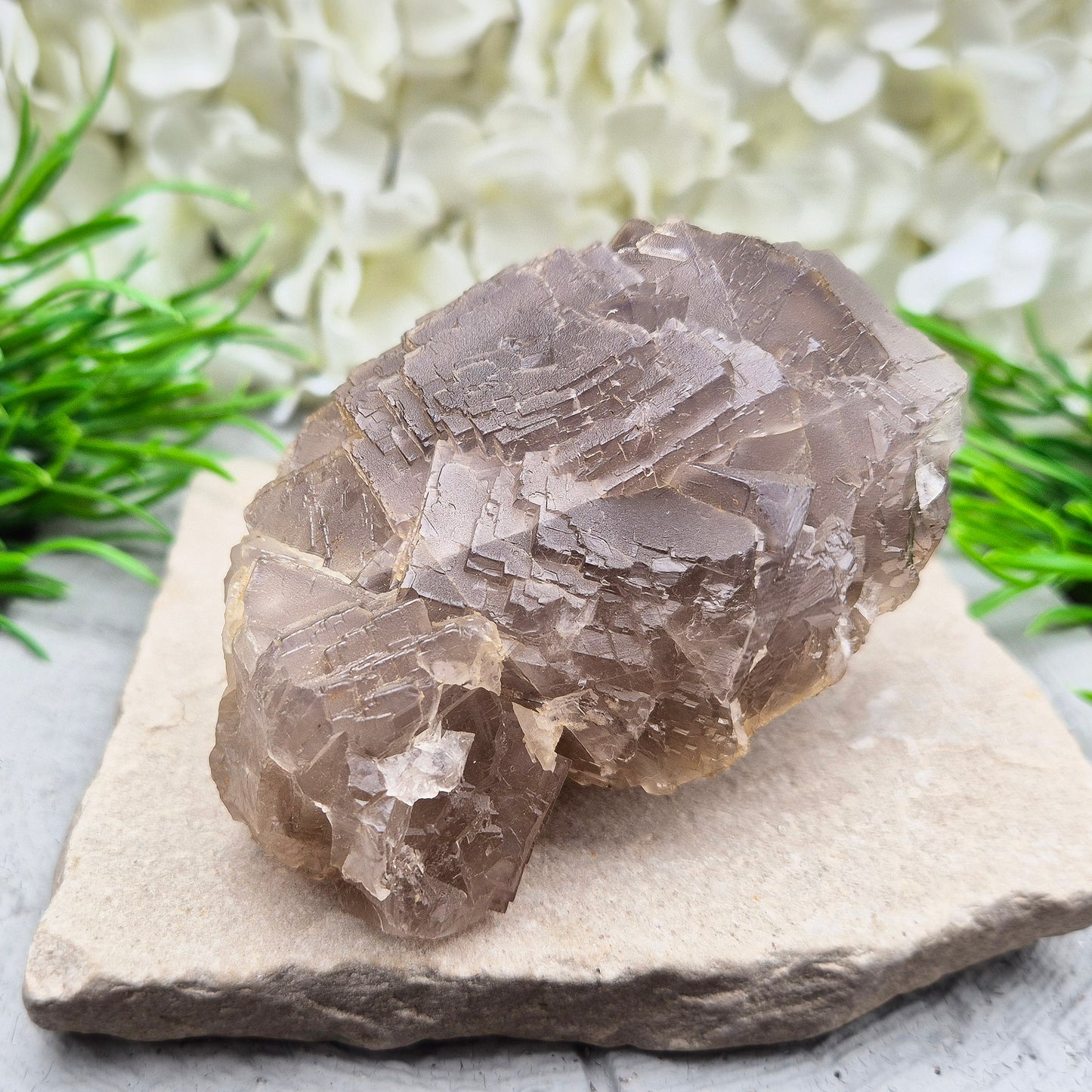 Cimmerian Fluorite cluster from Pakistan with soft smoky-grey tones. A calm, grounding crystal that supports focus, balance, and clear thinking.