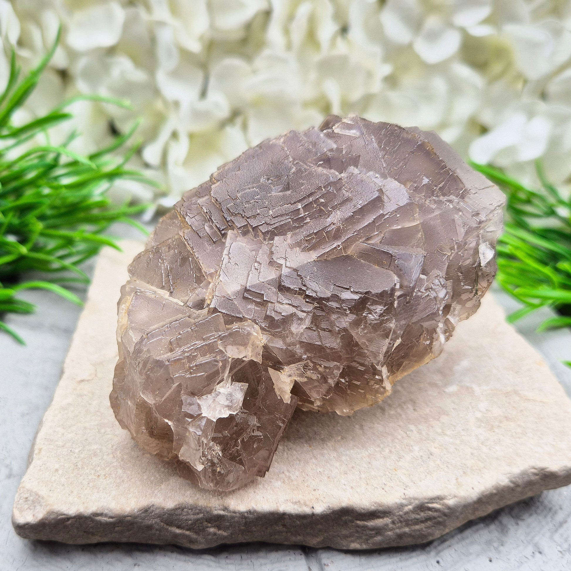 Cimmerian Fluorite cluster from Pakistan with soft smoky-grey tones. A calm, grounding crystal that supports focus, balance, and clear thinking.