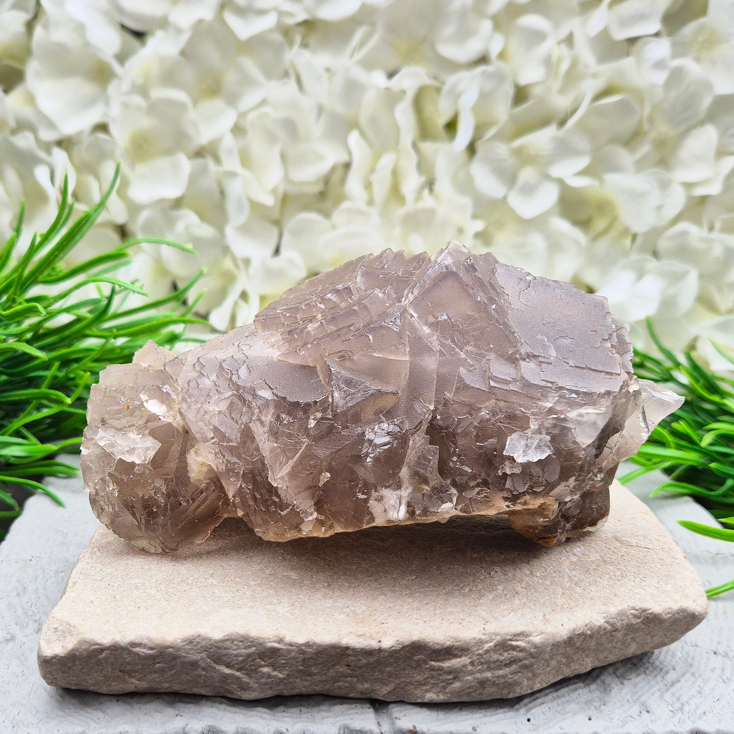 Cimmerian Fluorite cluster from Pakistan with soft smoky-grey tones. A calm, grounding crystal that supports focus, balance, and clear thinking.