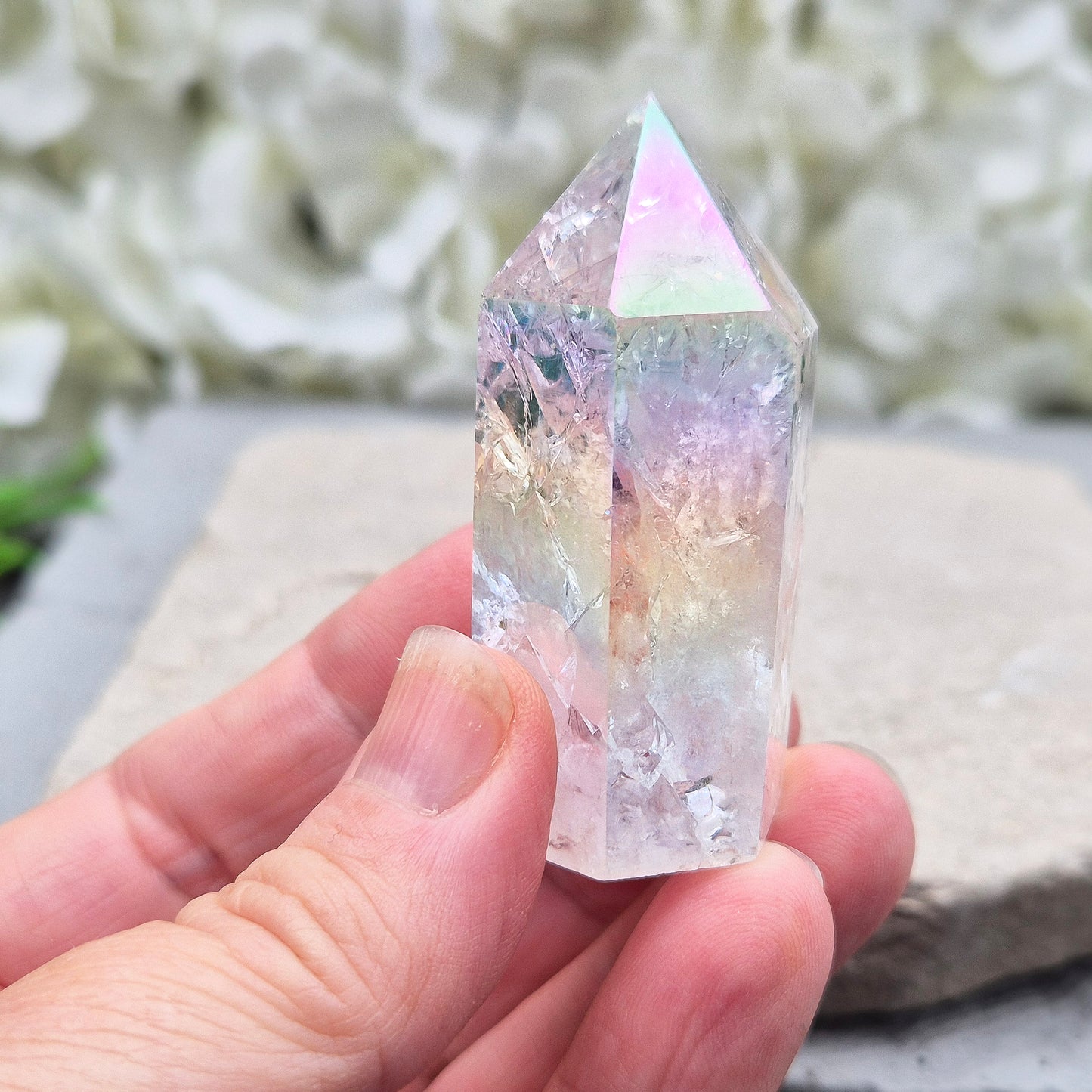 Aura Fire and Ice Quartz Point, Rainbow Quartz Crystal