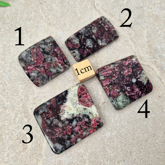 Polished Eudialyte slices with rich red tones. A rare, supportive crystal known for emotional release, self-love, and gentle heart-led strength. 