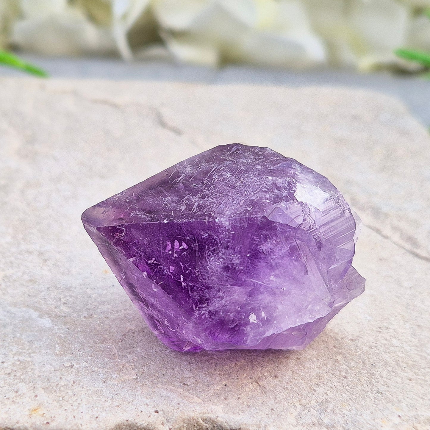 A pair of Amethyust Points with a natural Amethyst "root" formation from Brazil. The points have a polshhed point and natural body — a form sometimes called Amethyst Teeth because of its distinctive shape.