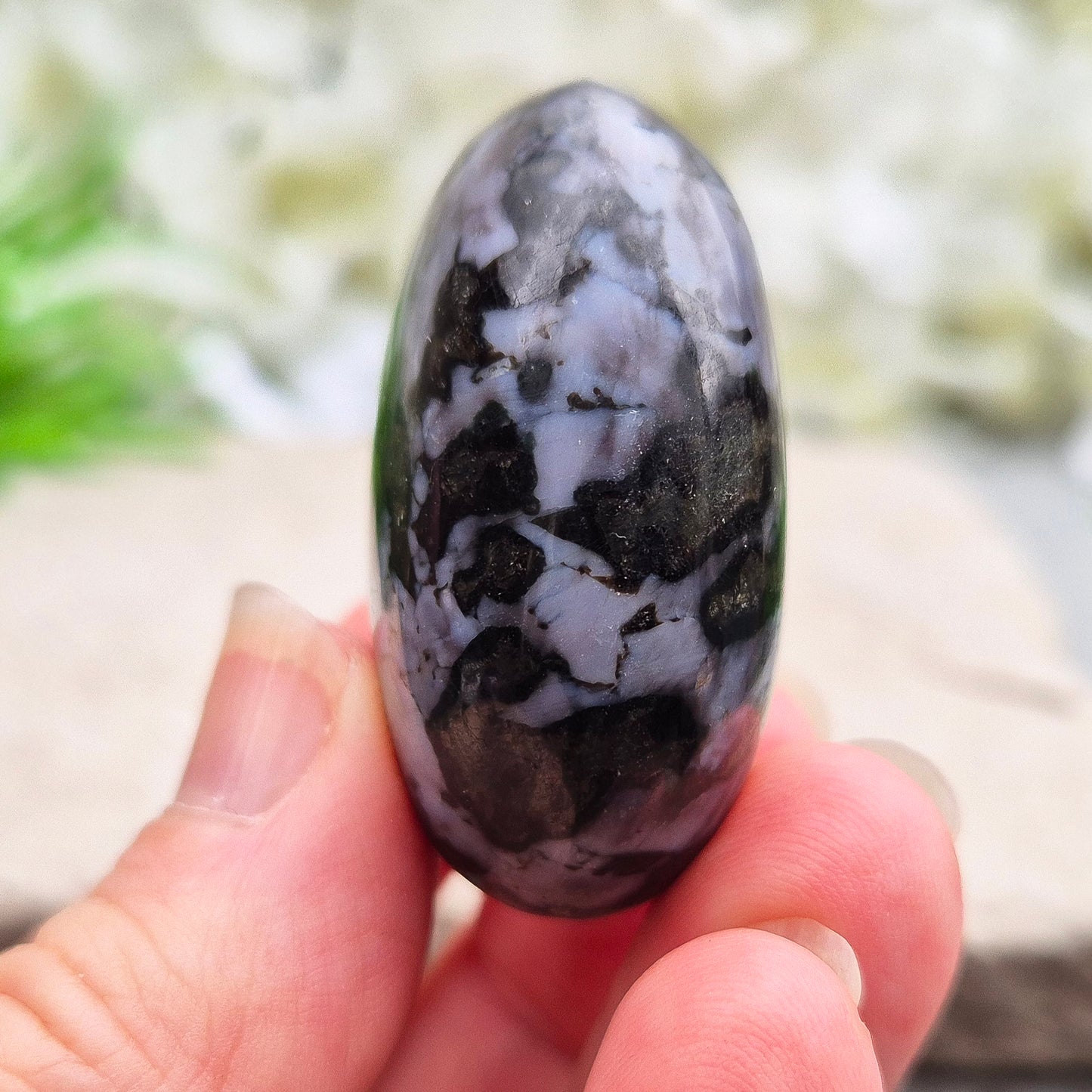 Indigo Gabbro palm stone for grounding, balancing energy, and supporting emotional awareness. Smooth, polished, perfect for meditation or holding.