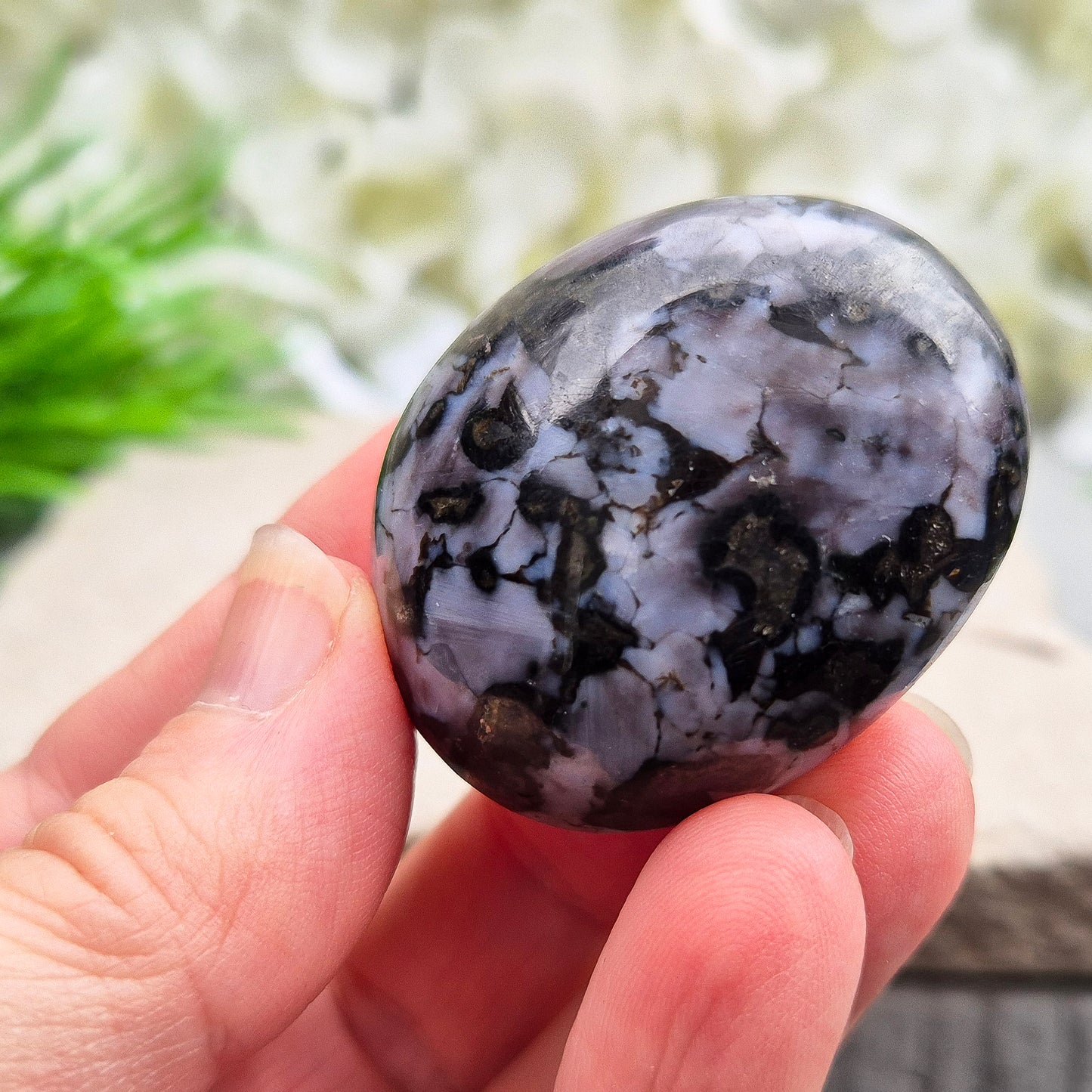 Indigo Gabbro palm stone for grounding, balancing energy, and supporting emotional awareness. Smooth, polished, perfect for meditation or holding.