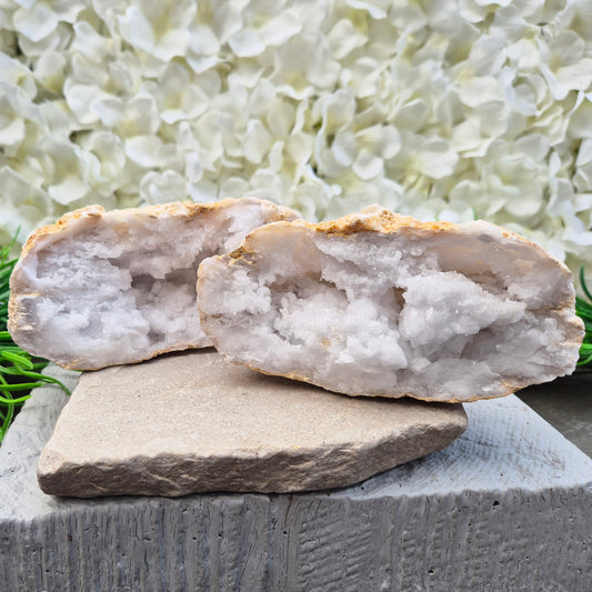 Beautiful quartz geode pair with a gentle, room-settling energy. Perfect for peaceful décor, spiritual spaces, and meaningful crystal gifts.