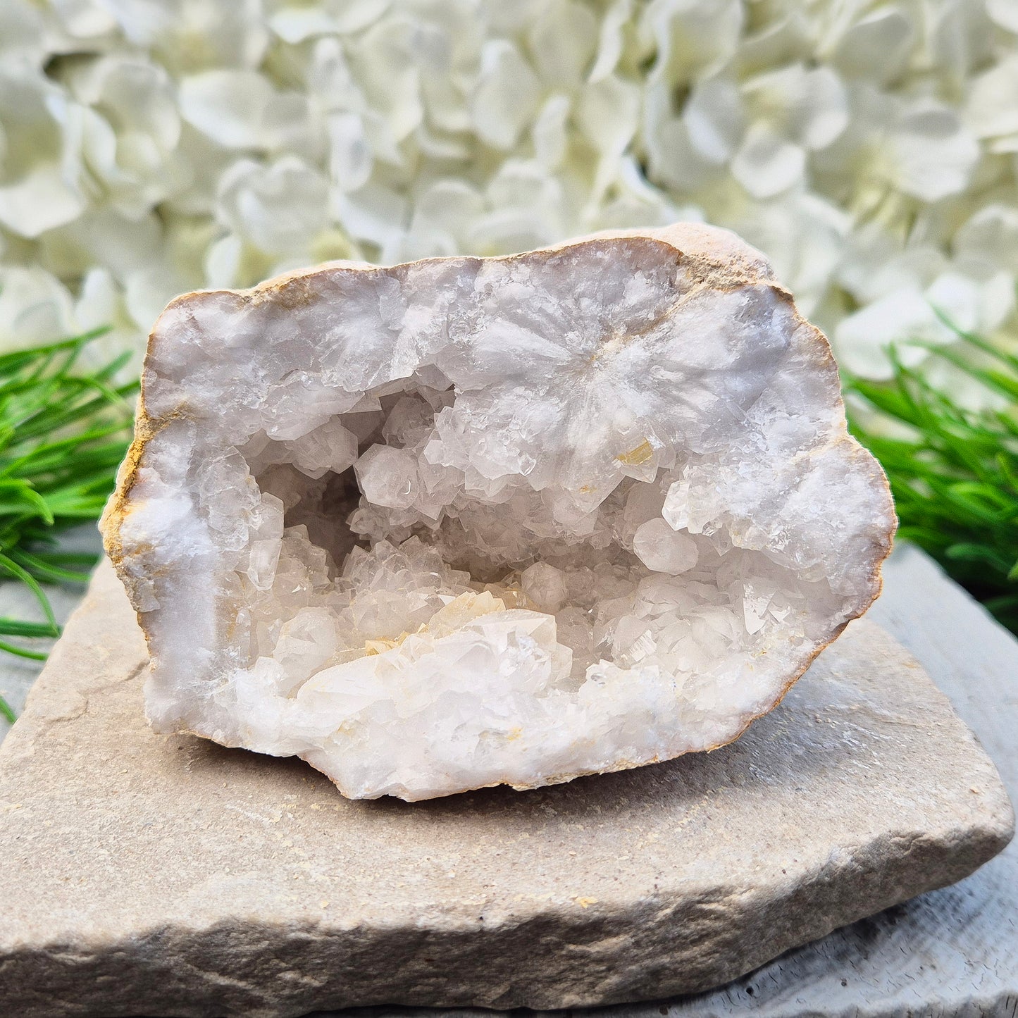 Quartz geode pair that brings a soothing, balanced atmosphere to any room. A lovely choice for home styling, meditation, and crystal lovers.