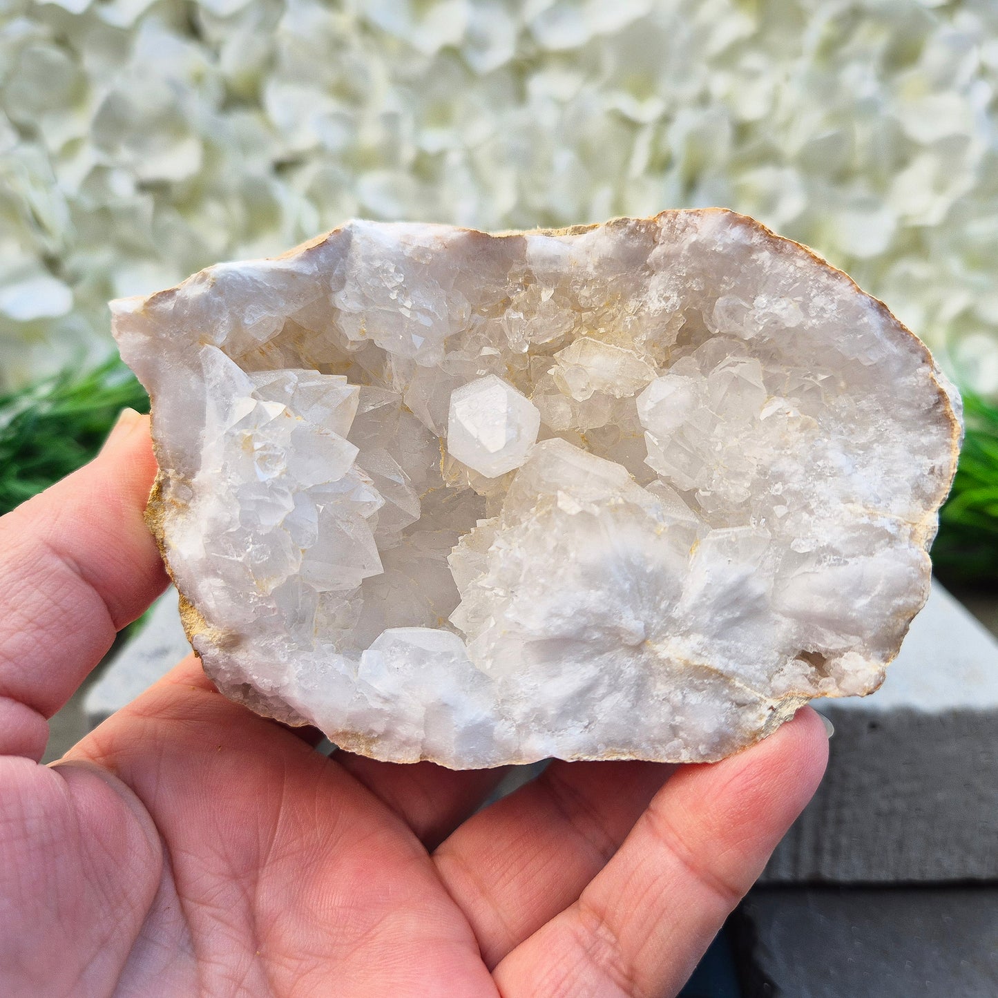 Quartz geode pair that brings a soothing, balanced atmosphere to any room. A lovely choice for home styling, meditation, and crystal lovers.