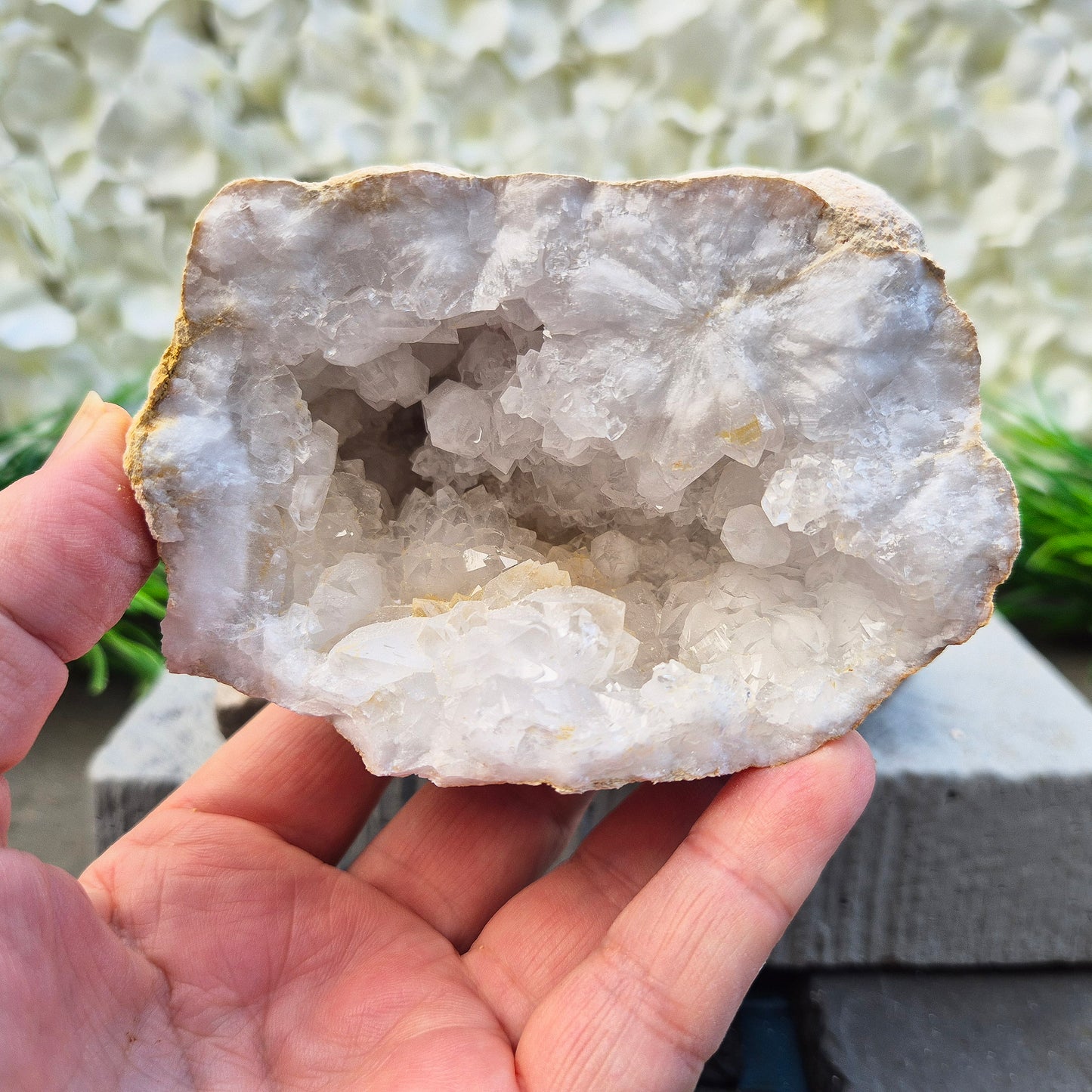 Quartz geode pair that brings a soothing, balanced atmosphere to any room. A lovely choice for home styling, meditation, and crystal lovers.