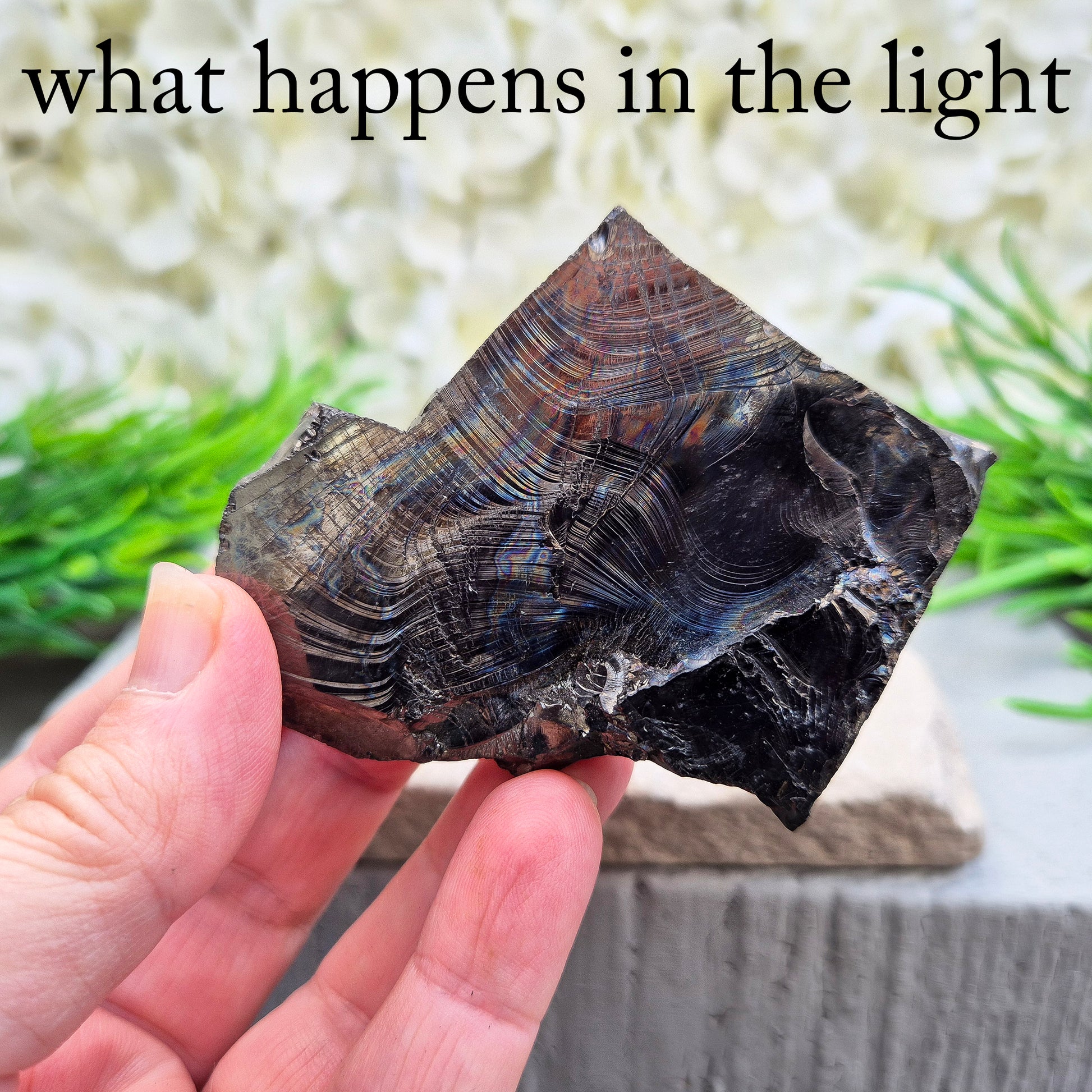 Colombian Shungite – uncommon carbon-based stone with natural rainbow flashes. Strong grounding and protective energy for home, work or meditation.