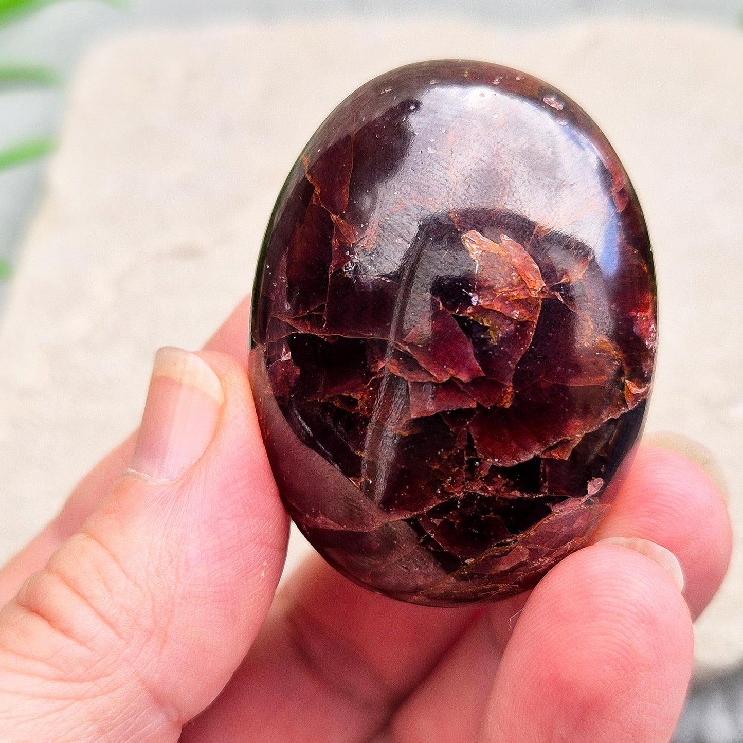 Rare Star Garnet palm stone with striking asterism. Perfect for collectors and crystal lovers seeking unique, grounding energy.