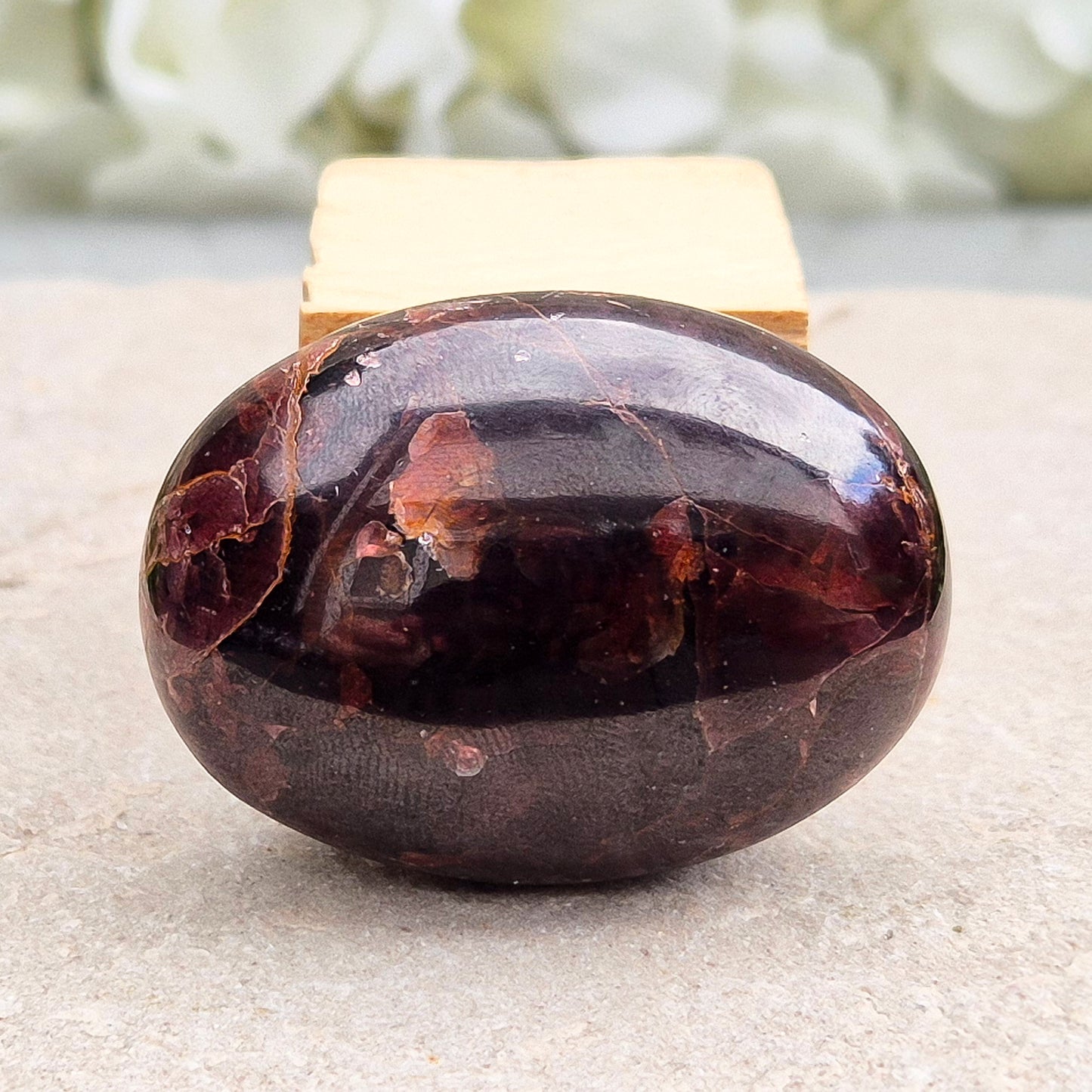 Rare Star Garnet palm stone with striking asterism. Perfect for collectors and crystal lovers seeking unique, grounding energy.
