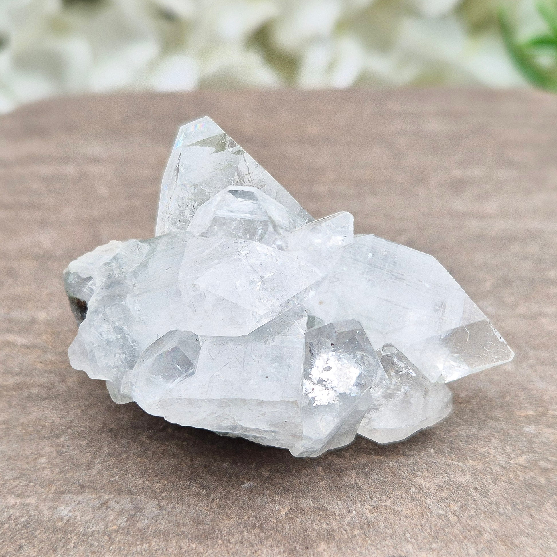 Apophyllite cluster with bright, sparkling points. A beautiful piece for uplifting energy, fresh space, and calm focus. Ideal for meditation or home décor.