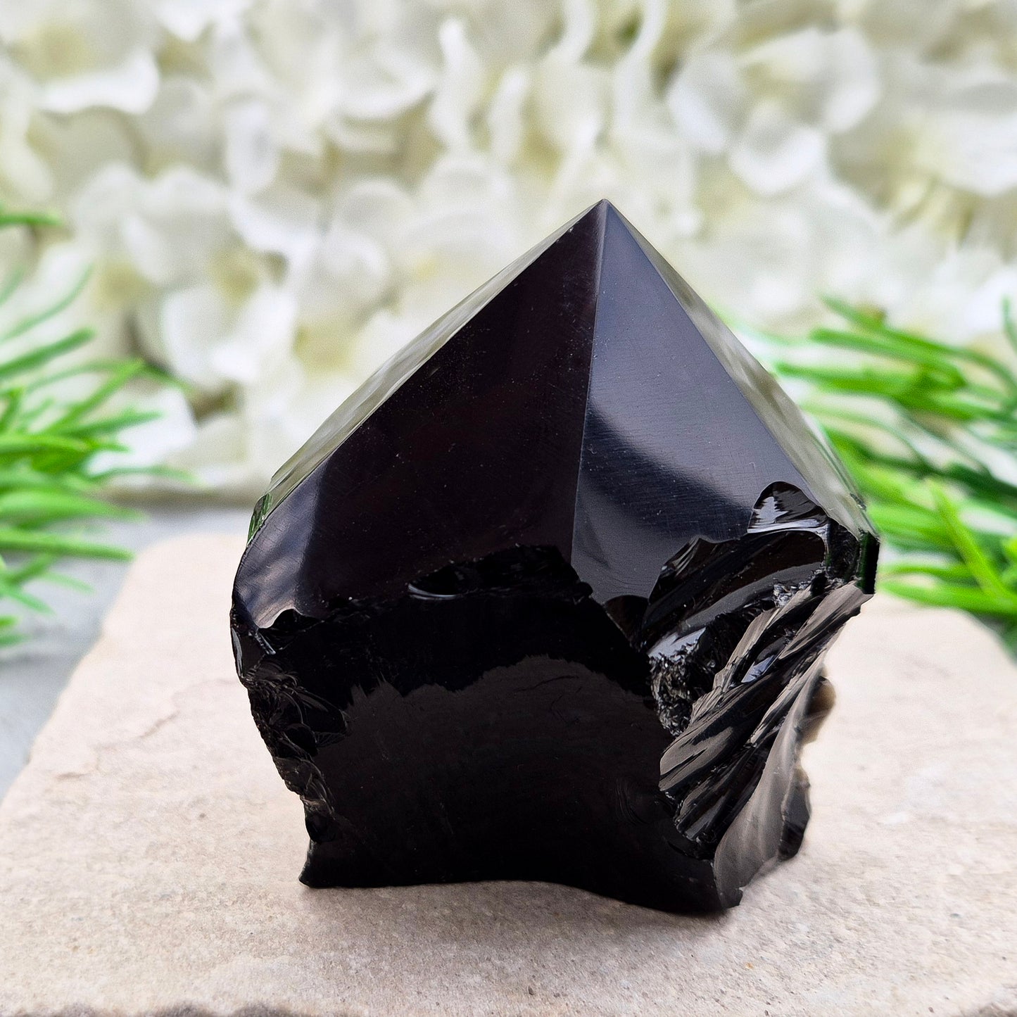 Grounding Black Obsidian standing point from Mexico. A strong, protective stone for focus, meditation, energy work, or display in your space.