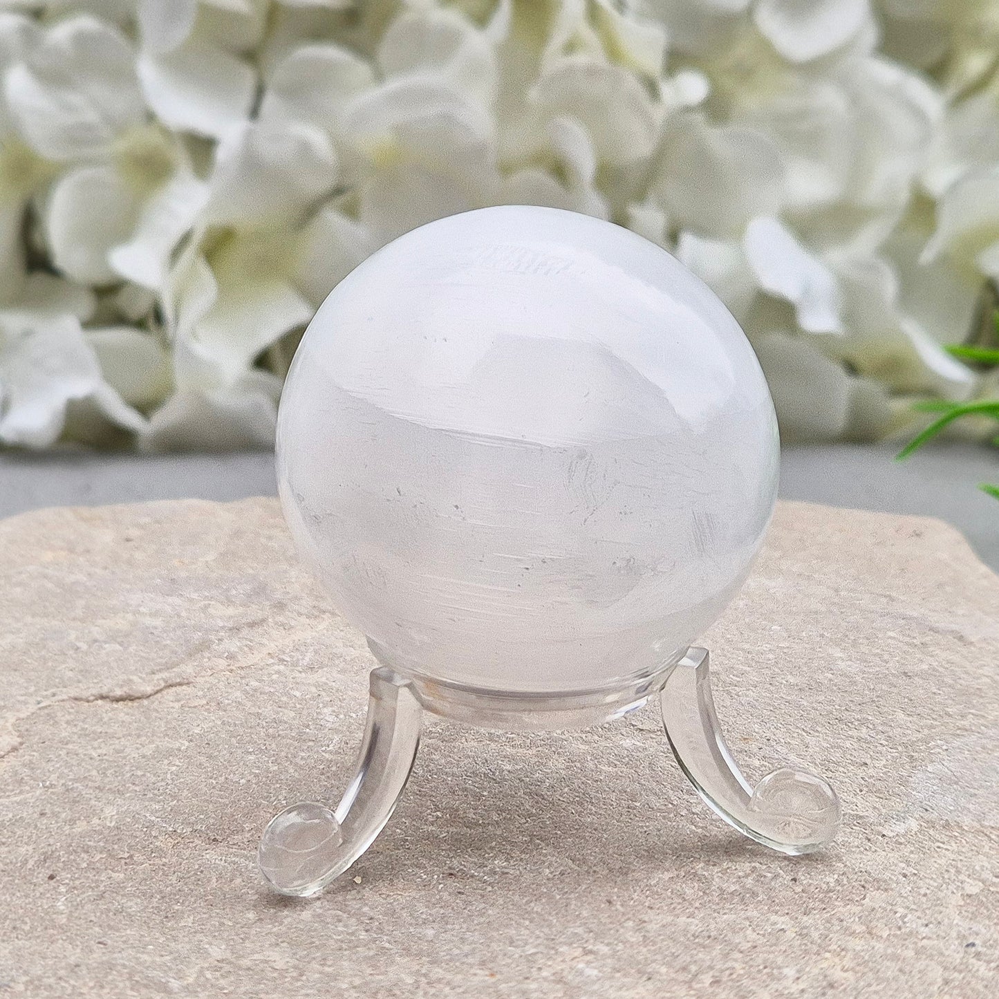 Selenite Crystal Sphere, Crystal Ball 4.5 cm diameter, Clear Acrylic Stand Included