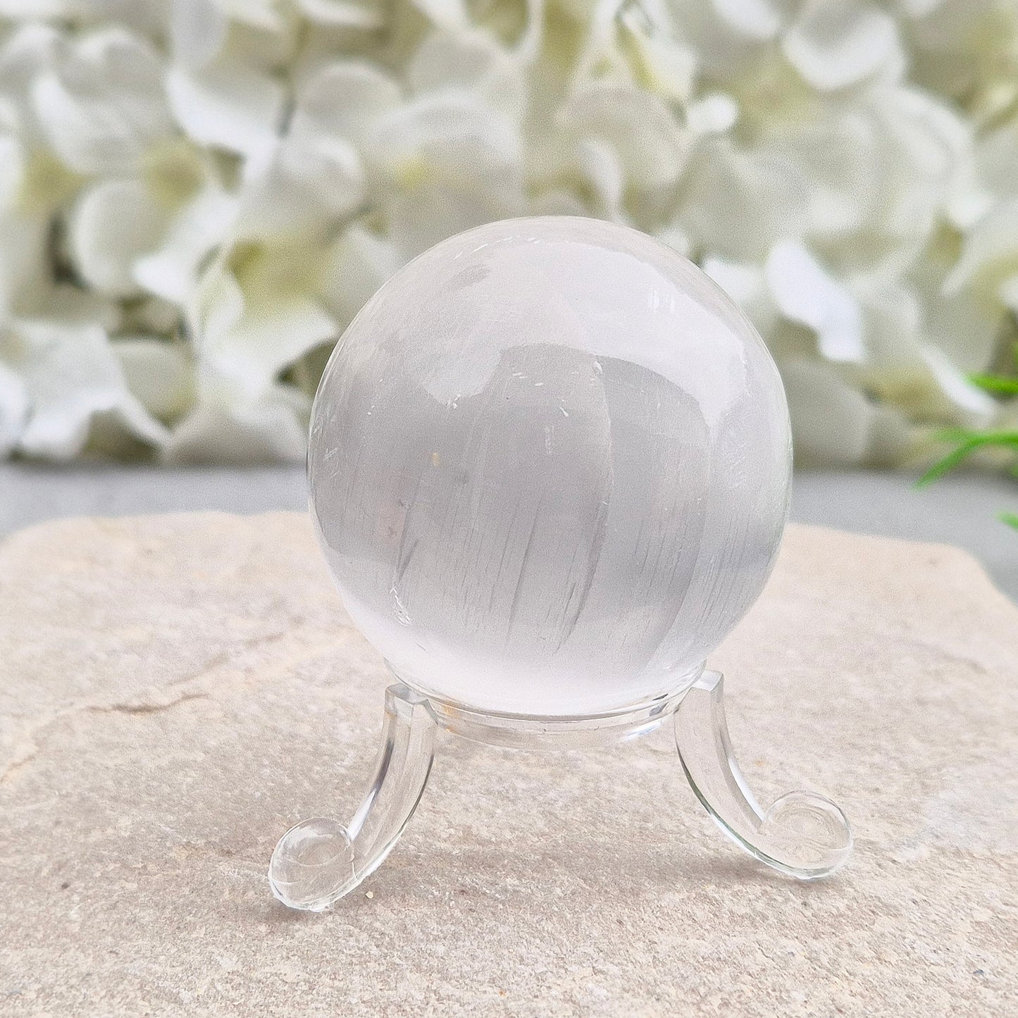 Selenite Crystal Sphere, Crystal Ball 4.5 cm diameter, Clear Acrylic Stand Included