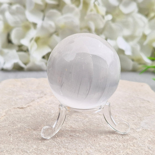 Selenite Crystal Sphere, Crystal Ball 4.5 cm diameter, Clear Acrylic Stand Included