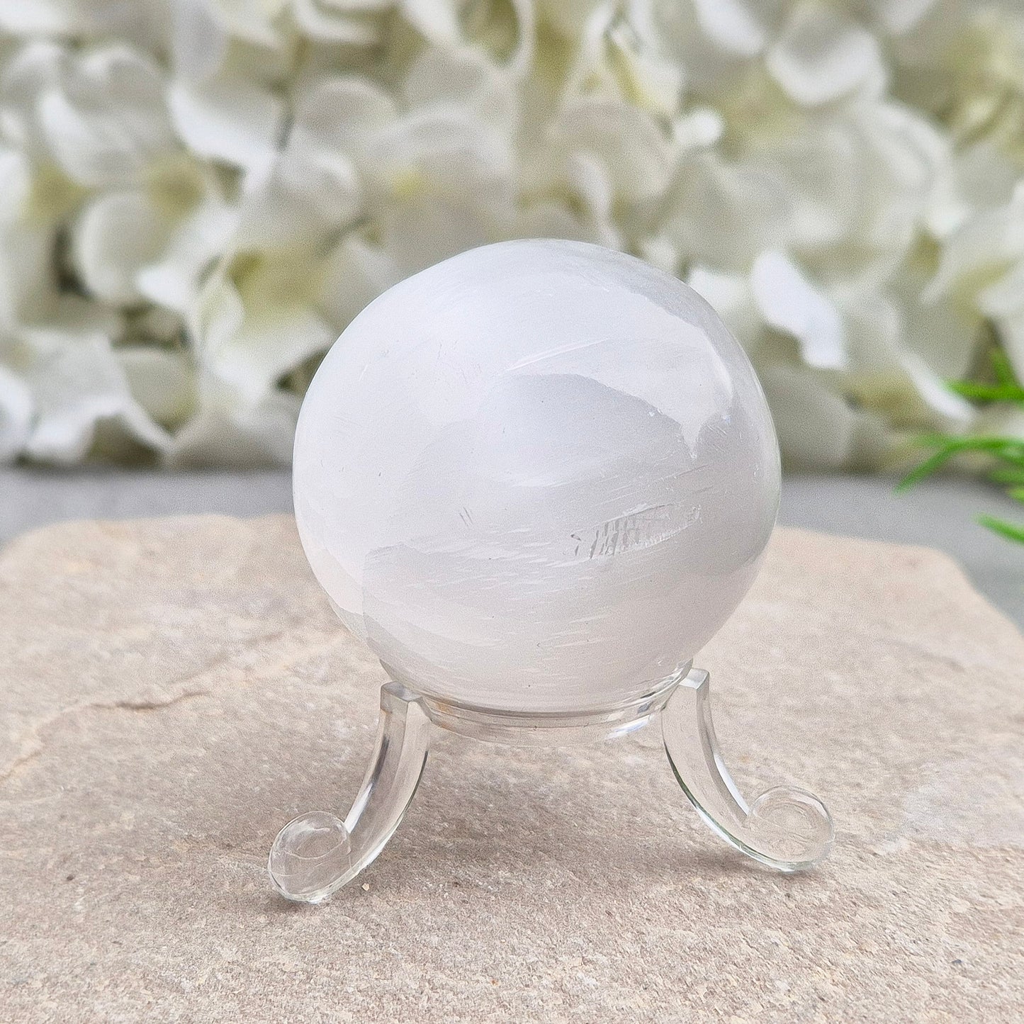 Selenite Crystal Sphere, Crystal Ball 4.5 cm diameter, Clear Acrylic Stand Included