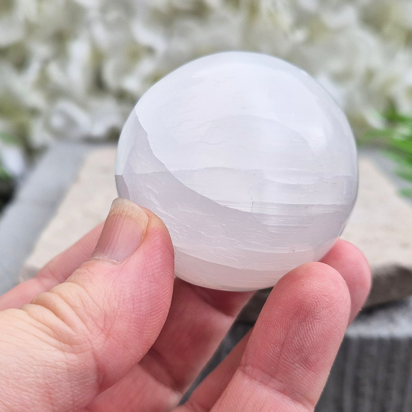 Selenite Crystal Sphere, Crystal Ball 4.5 cm diameter, Clear Acrylic Stand Included