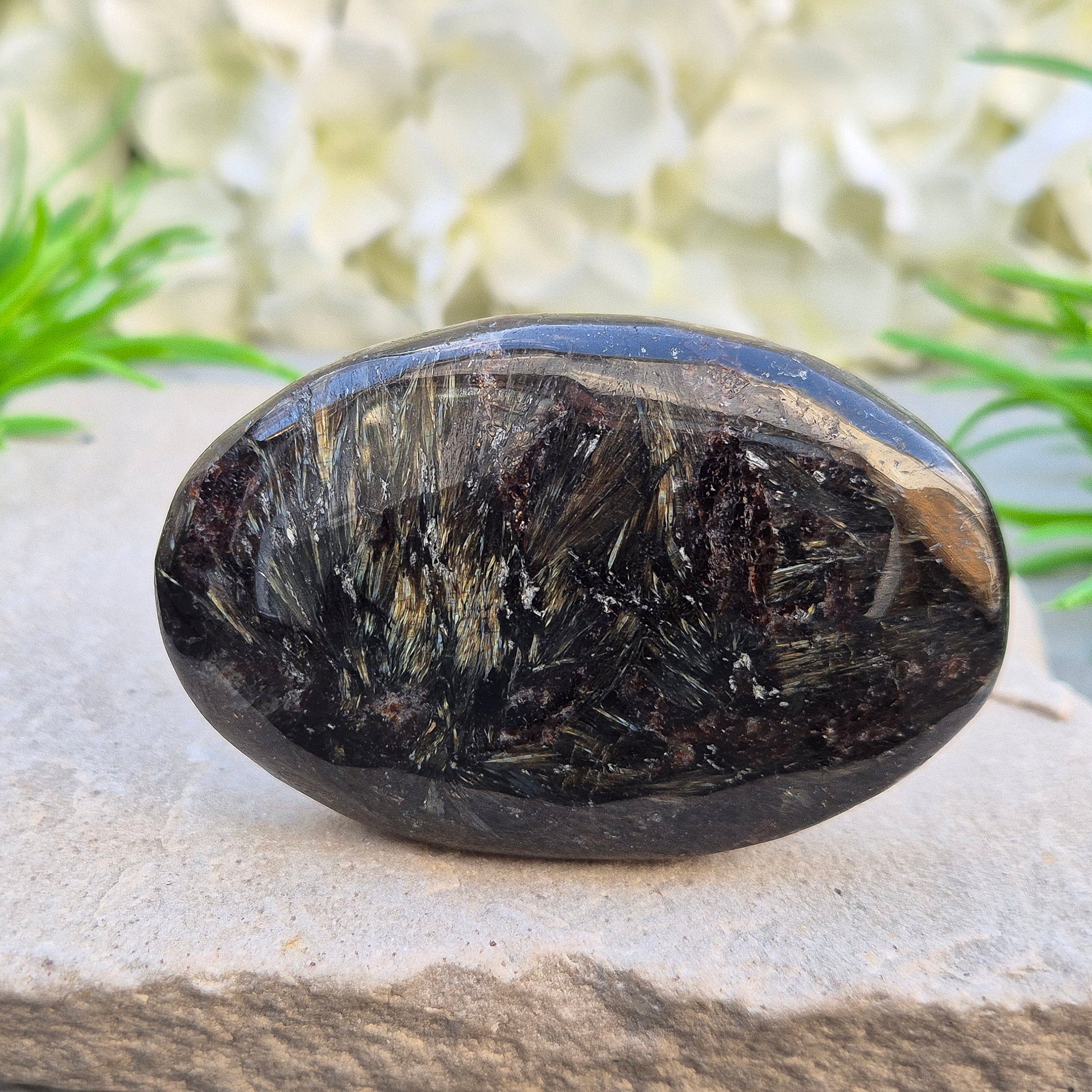 Polished arfvedsonite palm stone with a charcoal-black base and subtle blue-grey tones. Traditionally associated with grounding and intuition. Exact piece shown.