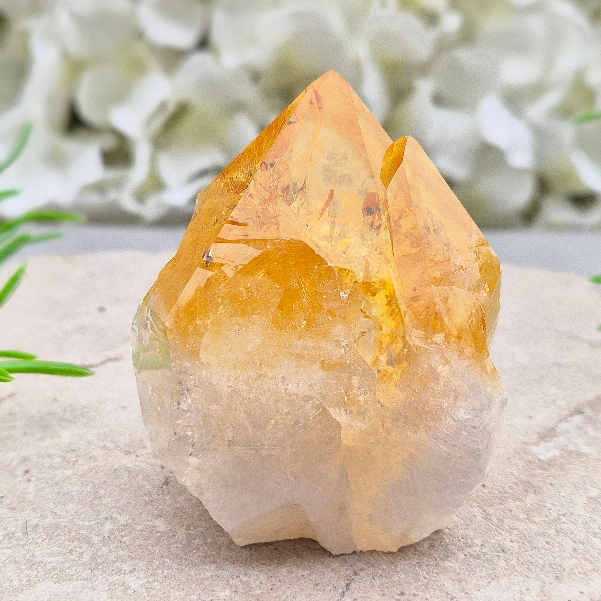 Citrine crystal standing point from Brazil with a polished tip and natural sides. Associated with confidence, motivation, positivity, and personal growth.