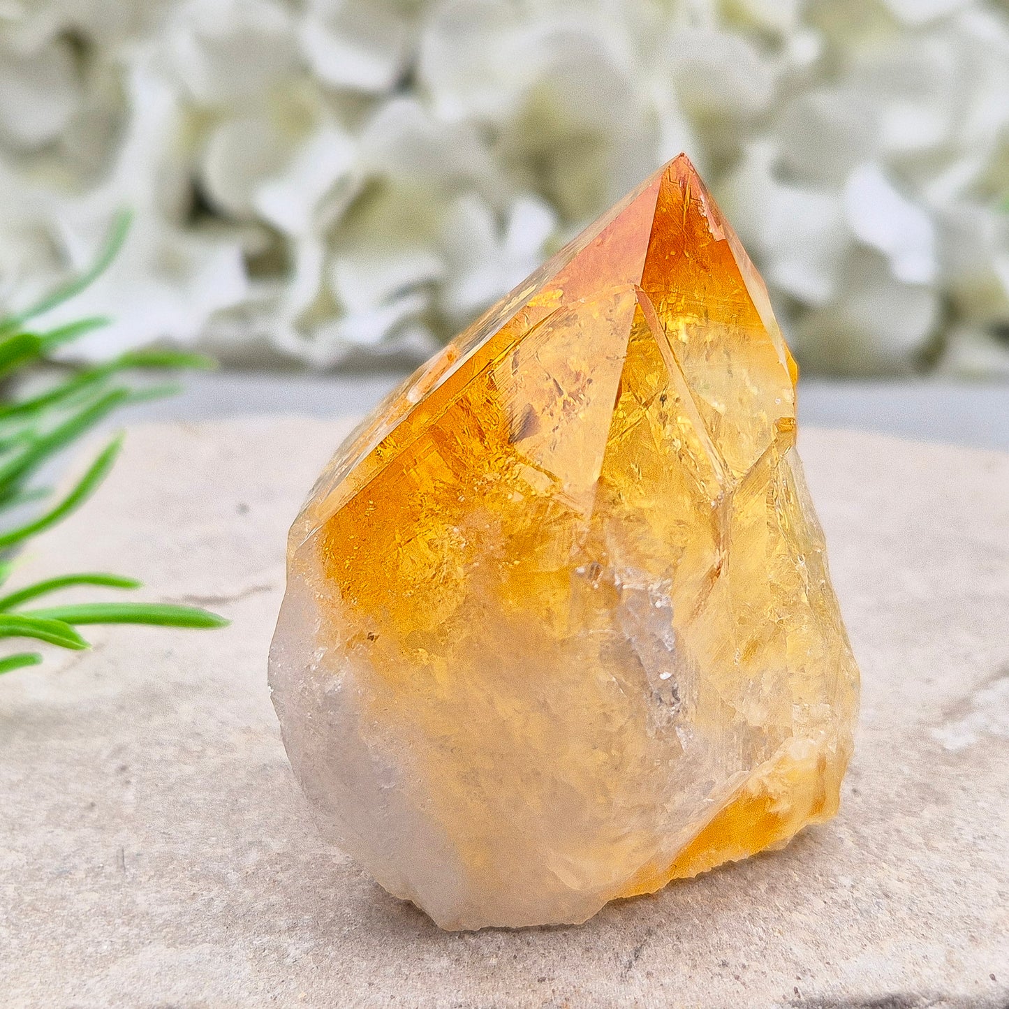 Citrine crystal standing point from Brazil with a polished tip and natural sides. Associated with confidence, motivation, positivity, and personal growth.