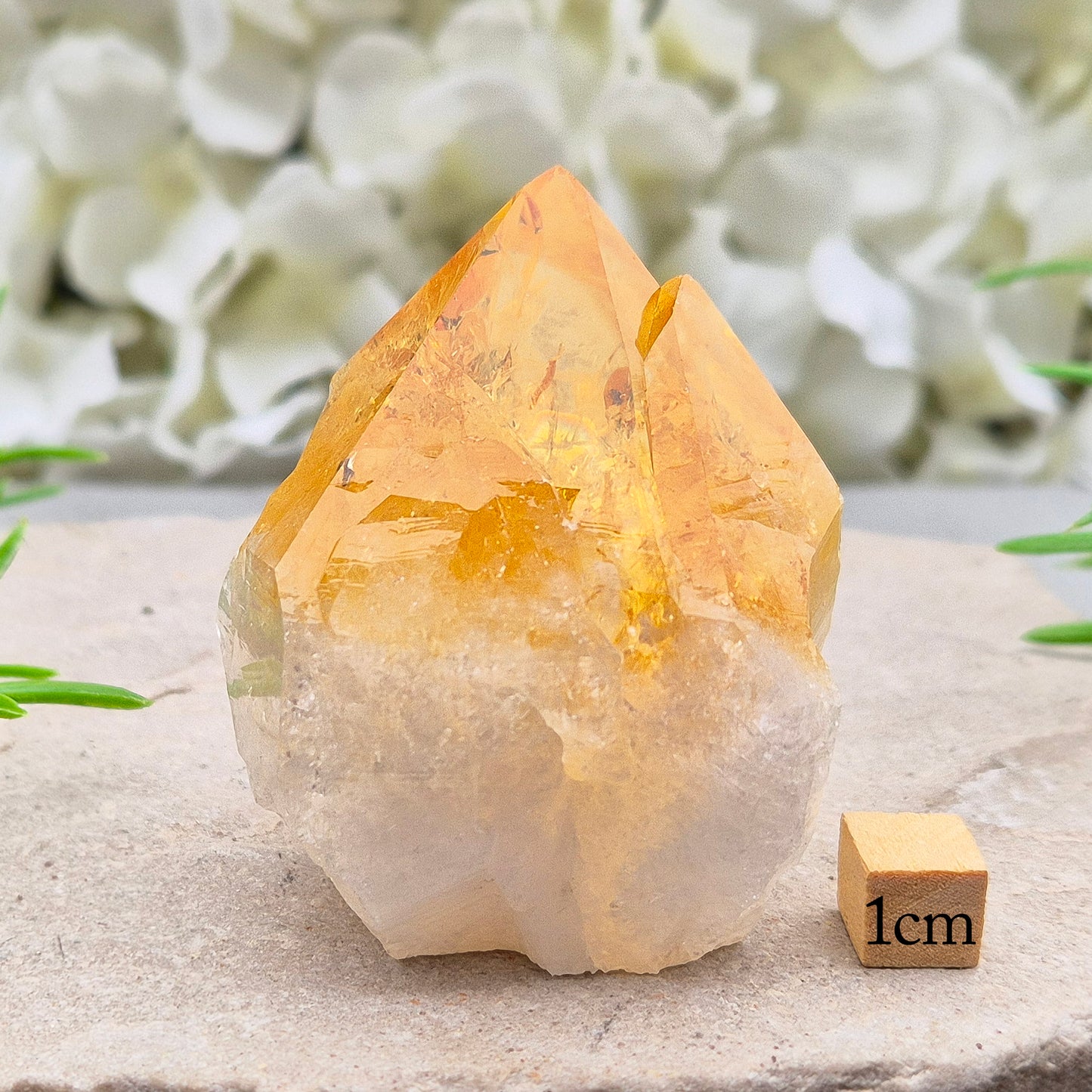 Citrine crystal standing point from Brazil with a polished tip and natural sides. Associated with confidence, motivation, positivity, and personal growth.