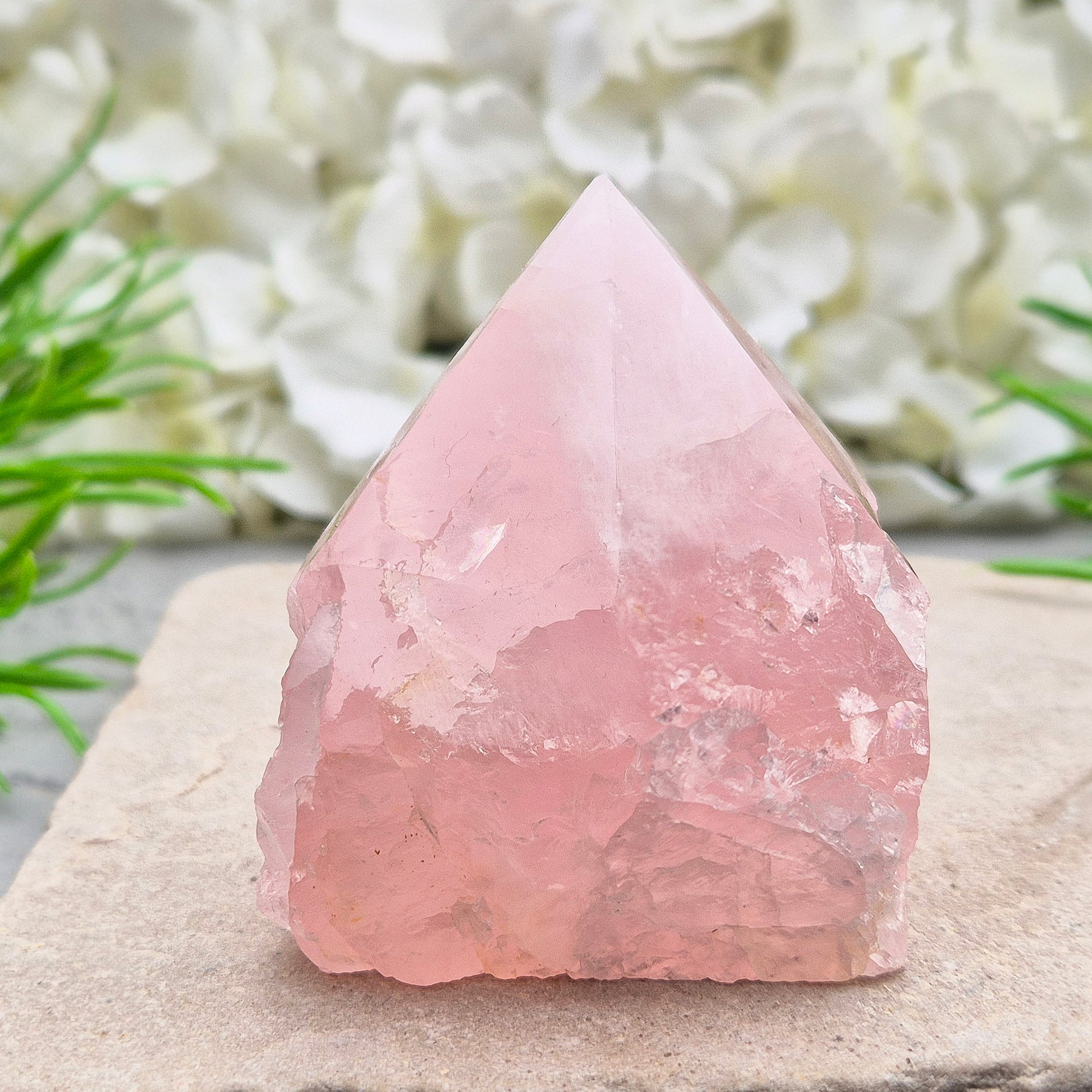 Rose Quartz standing point from Brazil. Promotes self-love, calm, and emotional healing. Perfect for display, meditation, or heart chakra work. 