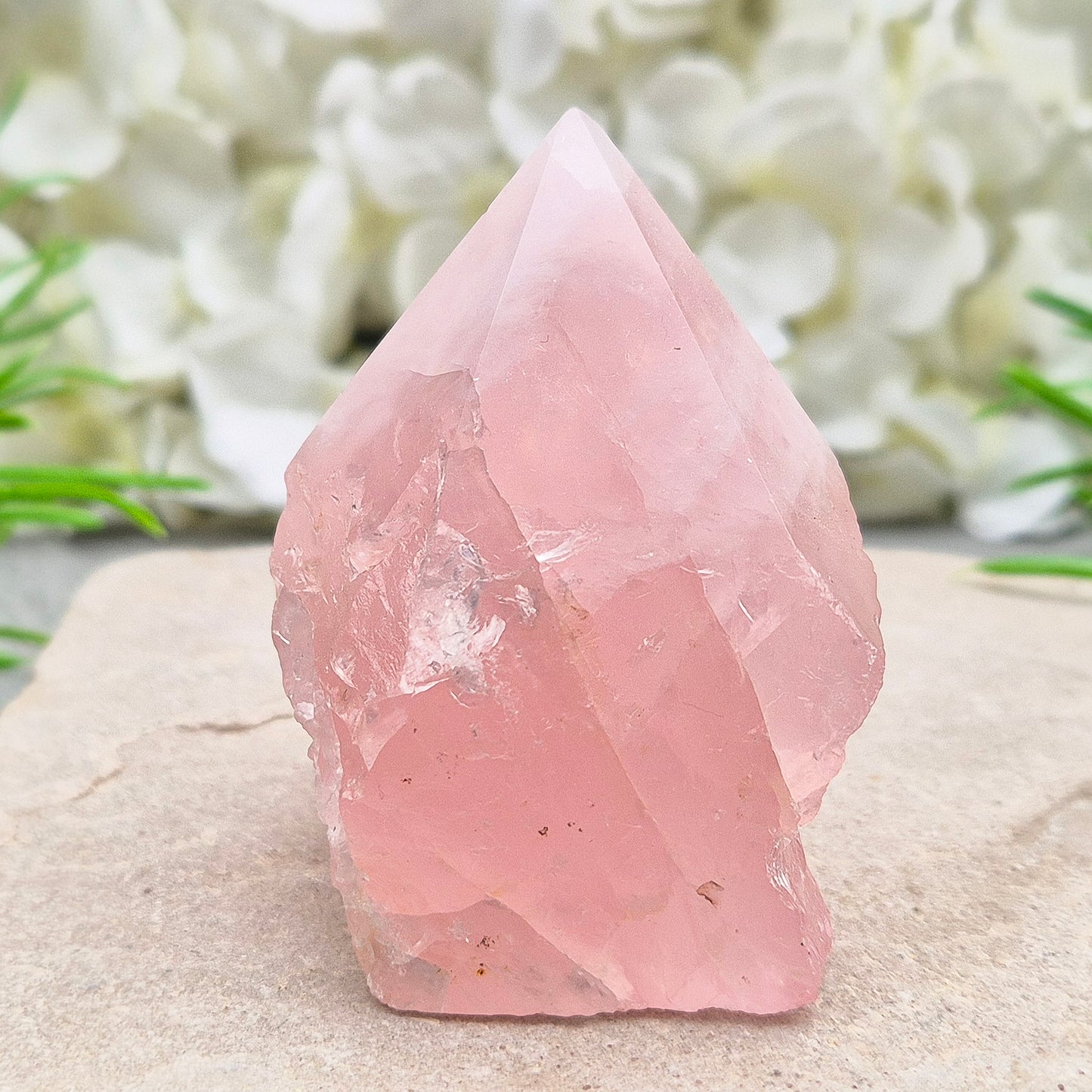 Rose Quartz standing point from Brazil. Promotes self-love, calm, and emotional healing. Perfect for display, meditation, or heart chakra work. 