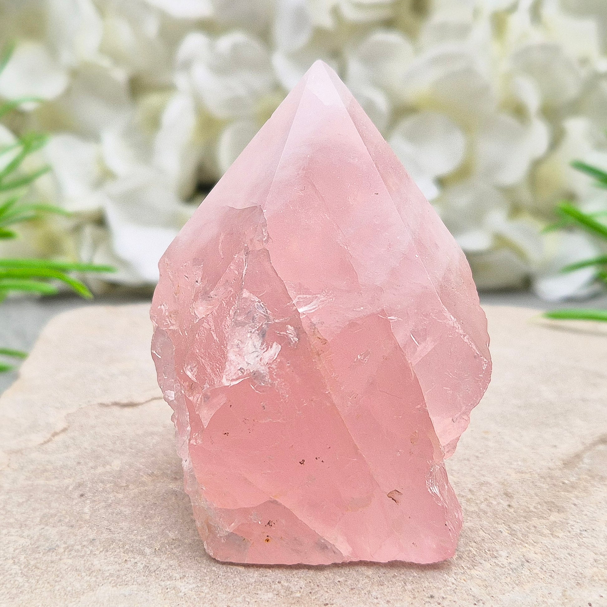 Rose Quartz standing point from Brazil. Promotes self-love, calm, and emotional healing. Perfect for display, meditation, or heart chakra work. 
