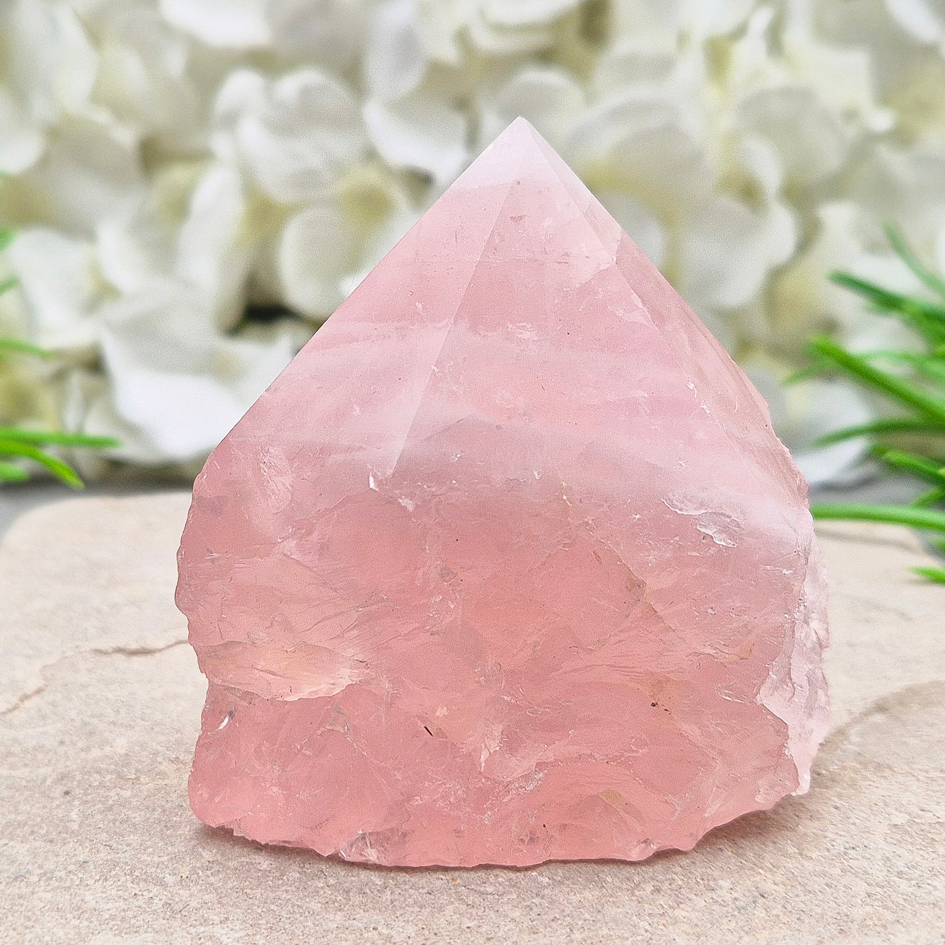 Rose Quartz standing point from Brazil. Promotes self-love, calm, and emotional healing. Perfect for display, meditation, or heart chakra work. 